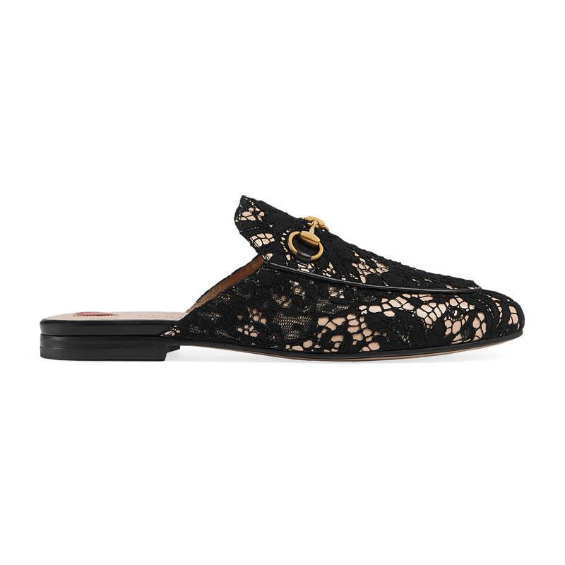 Gucci Black Princetown Lace Mules | Lyst