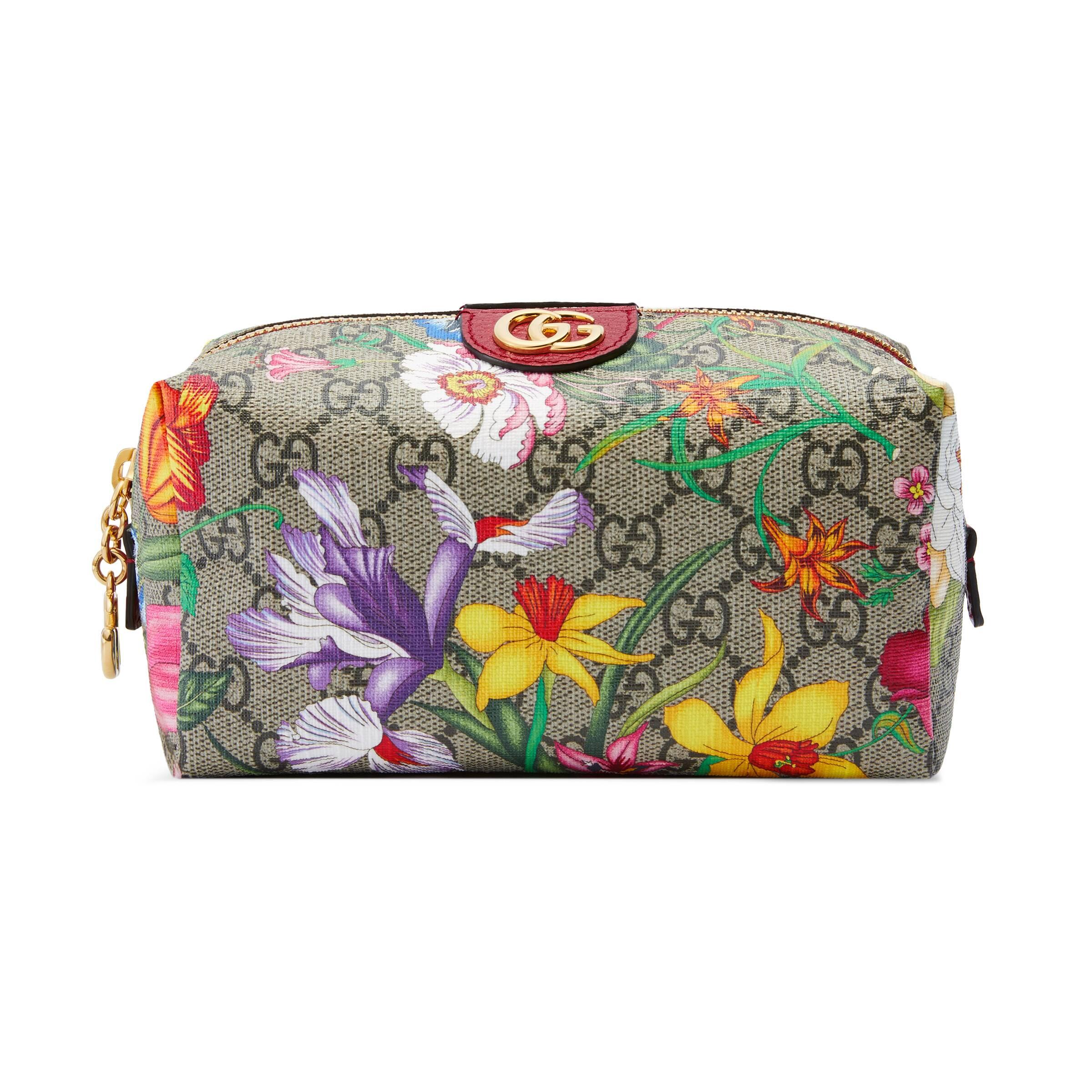 Canvas Ophidia GG Flora Cosmetic Case in Beige -