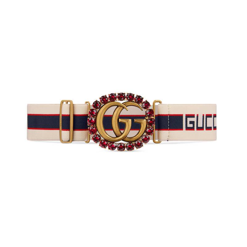 Gucci Stripe Belt With Double G And Crystals in Red | Lyst