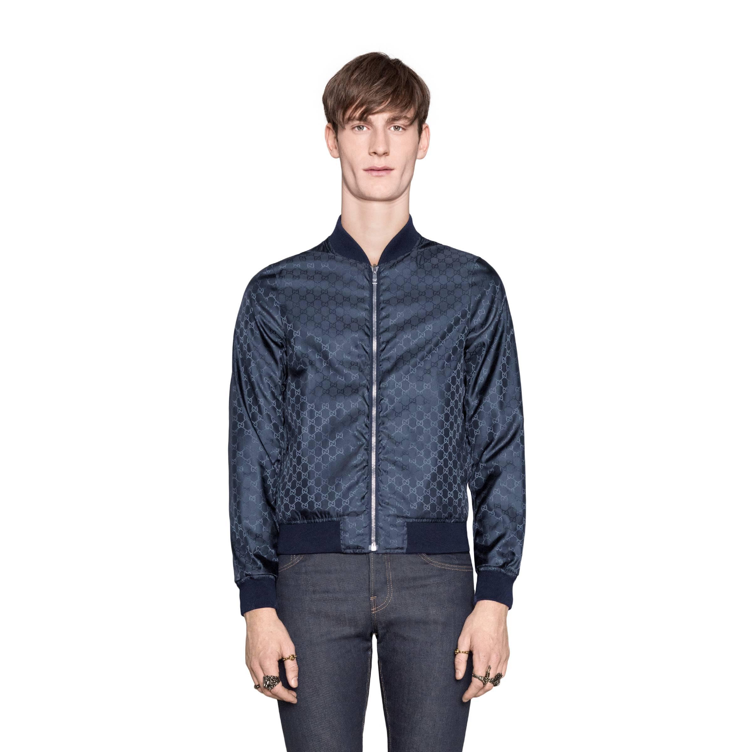 Gucci Reversible GG Jacquard Nylon Bomber Jacket in Blue for Men - Save ...