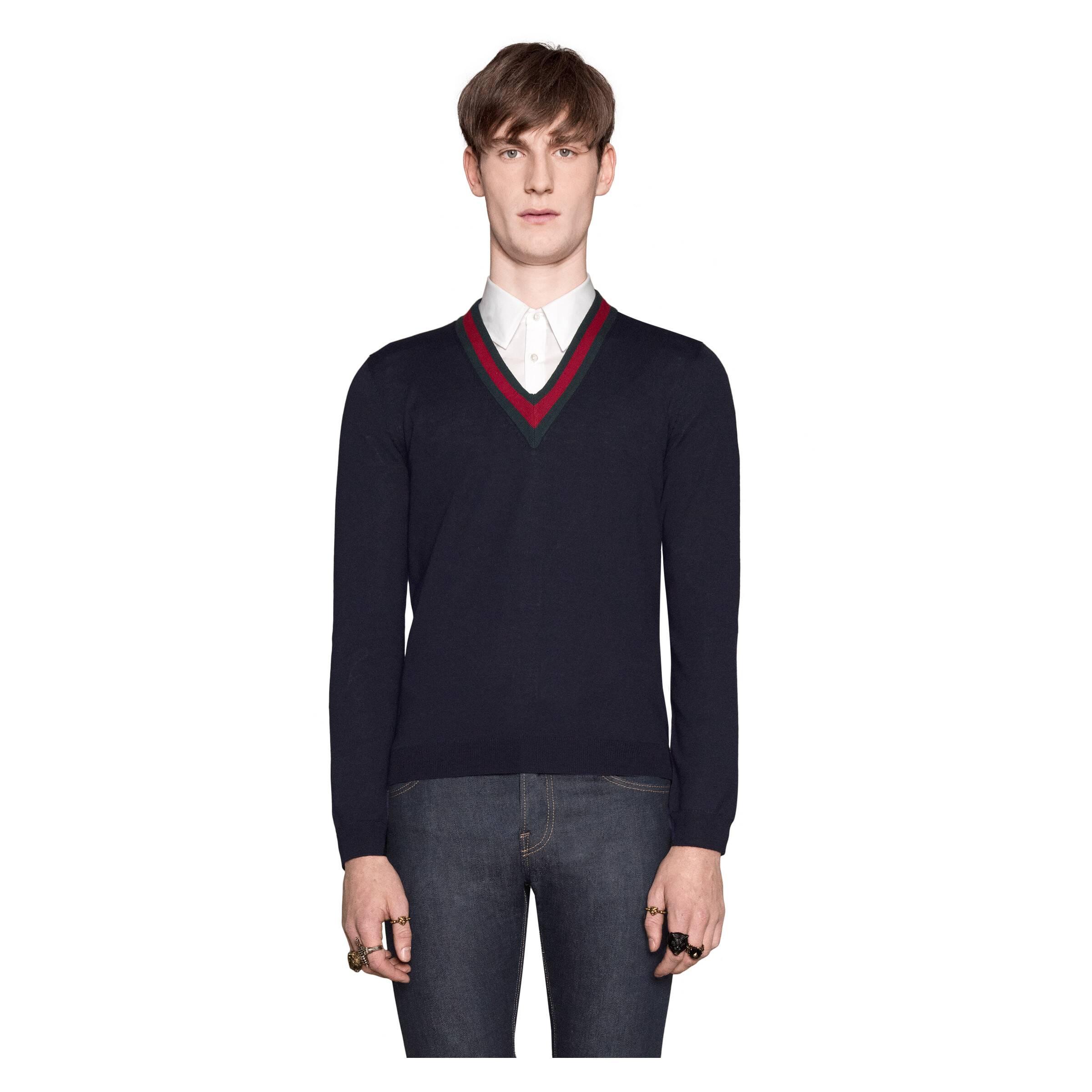 Gucci Wool V neck Sweater With Web in Blue for Men Lyst UK
