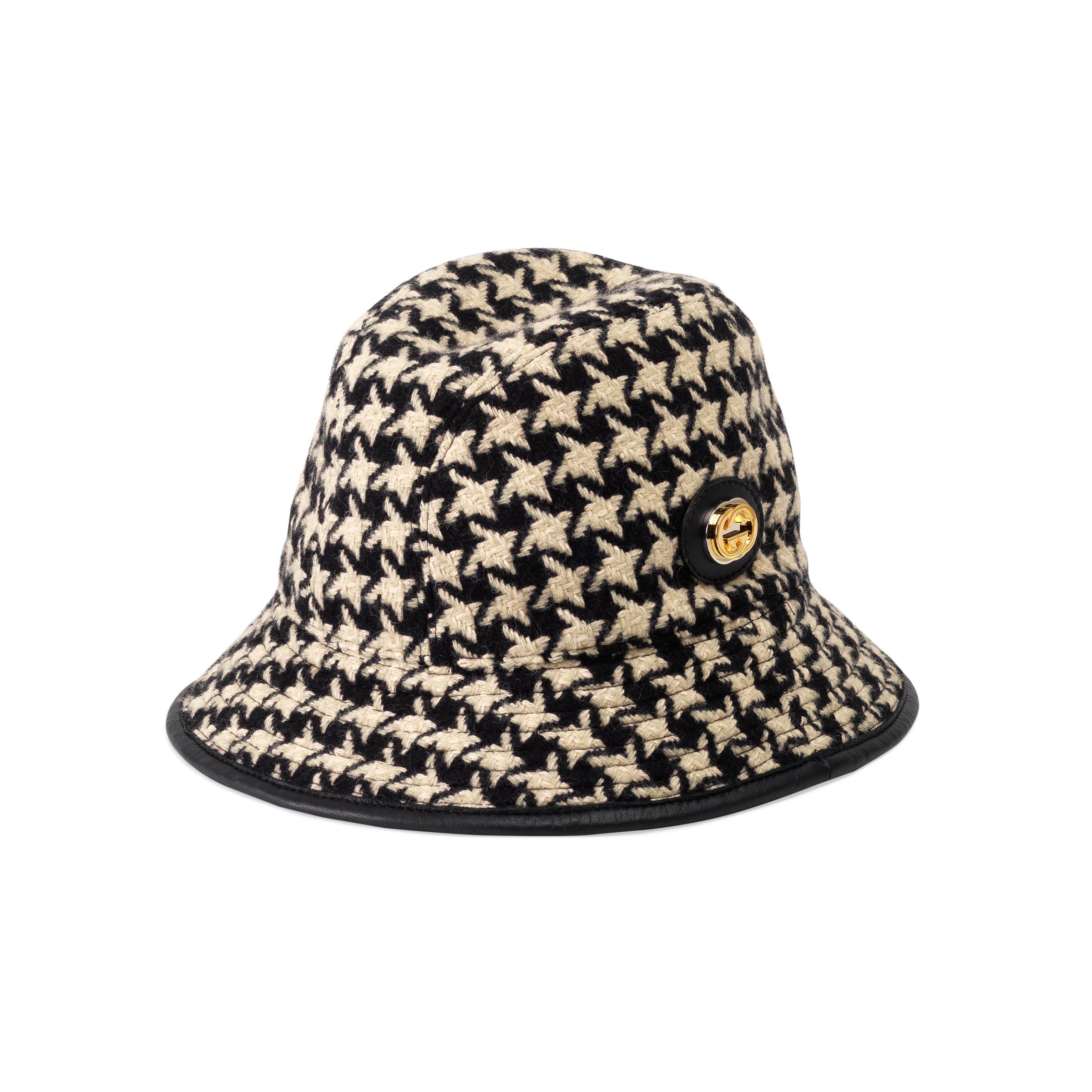 Gucci Leather Houndstooth Fedora Hat in Black/White Houndstooth (Black