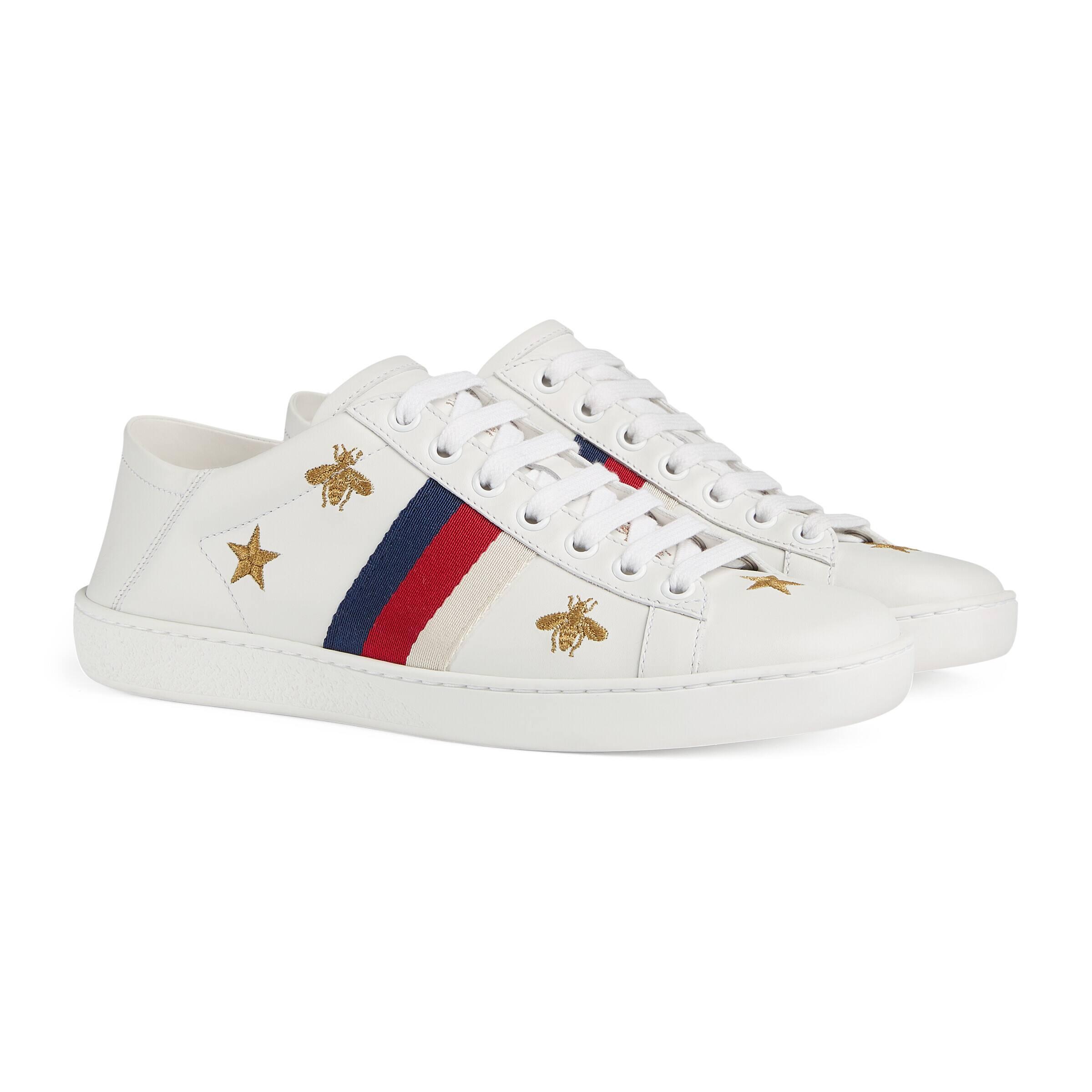 Gucci New Ace Bee-embroidered Leather Trainers in White | Lyst