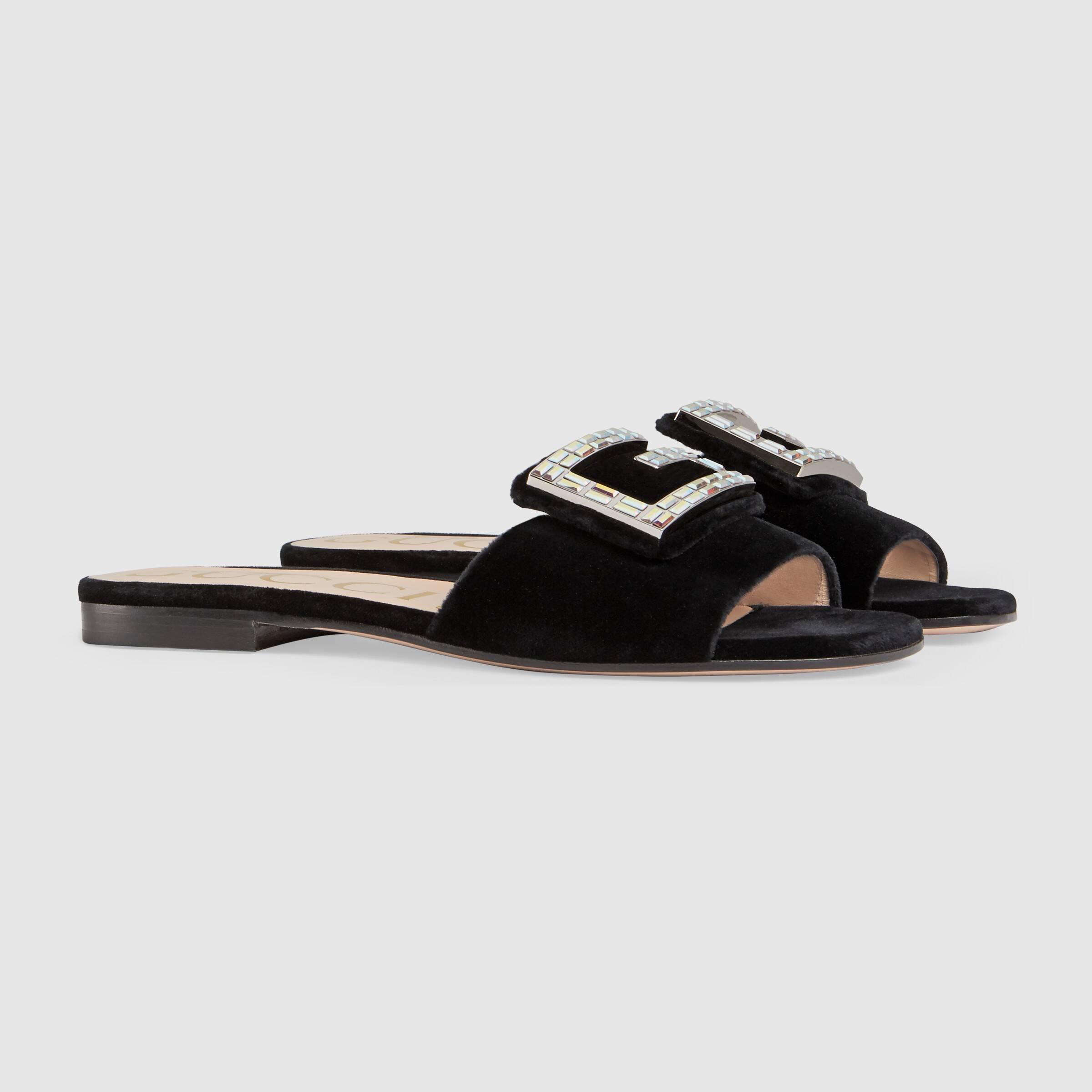 Gucci Velvet Slide With Crystal G in Black | Lyst