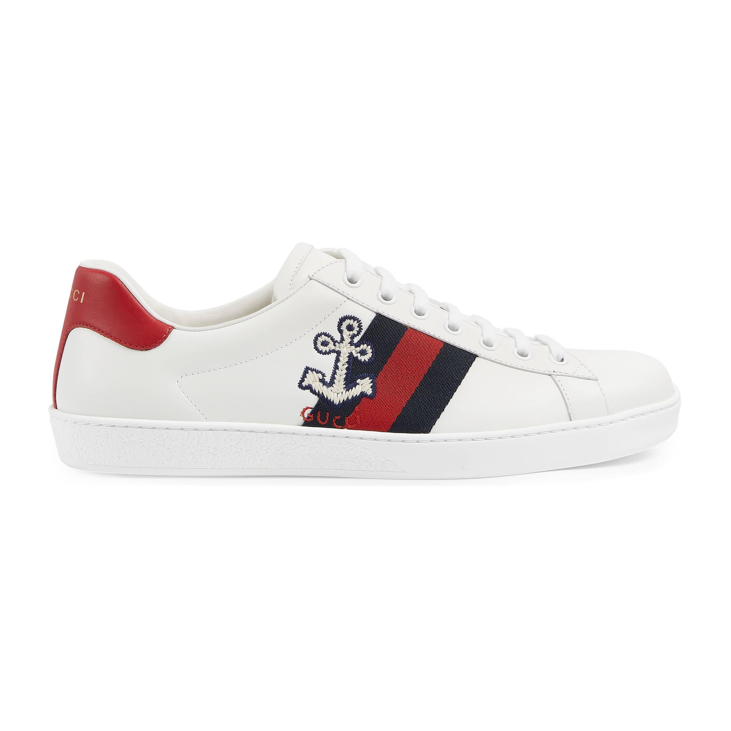 Gucci Ace Anchor Leather Sneaker in White for Men - Save 34% | Lyst