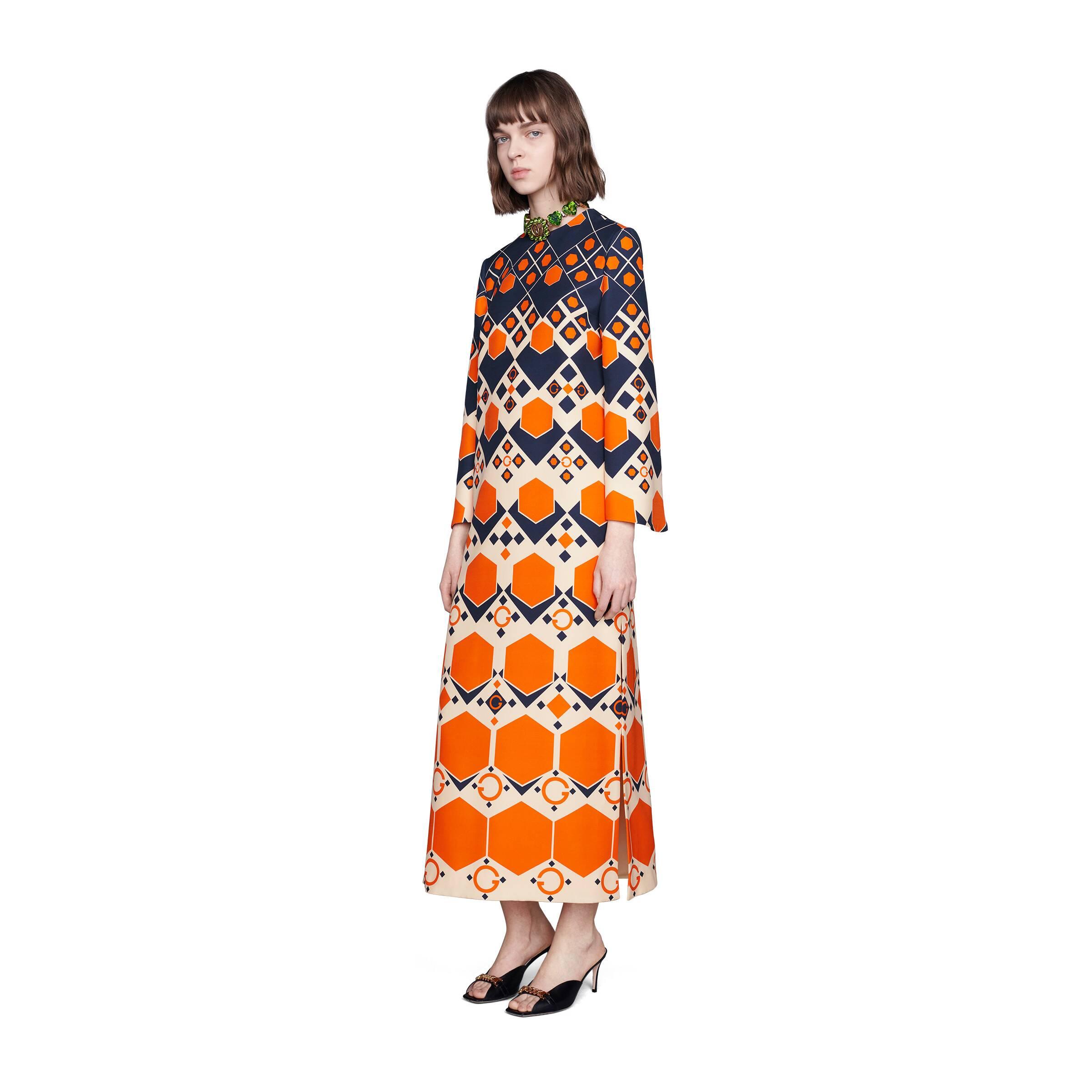 Gucci Long G Hexagon Print Wool Silk Dress in Orange | Lyst