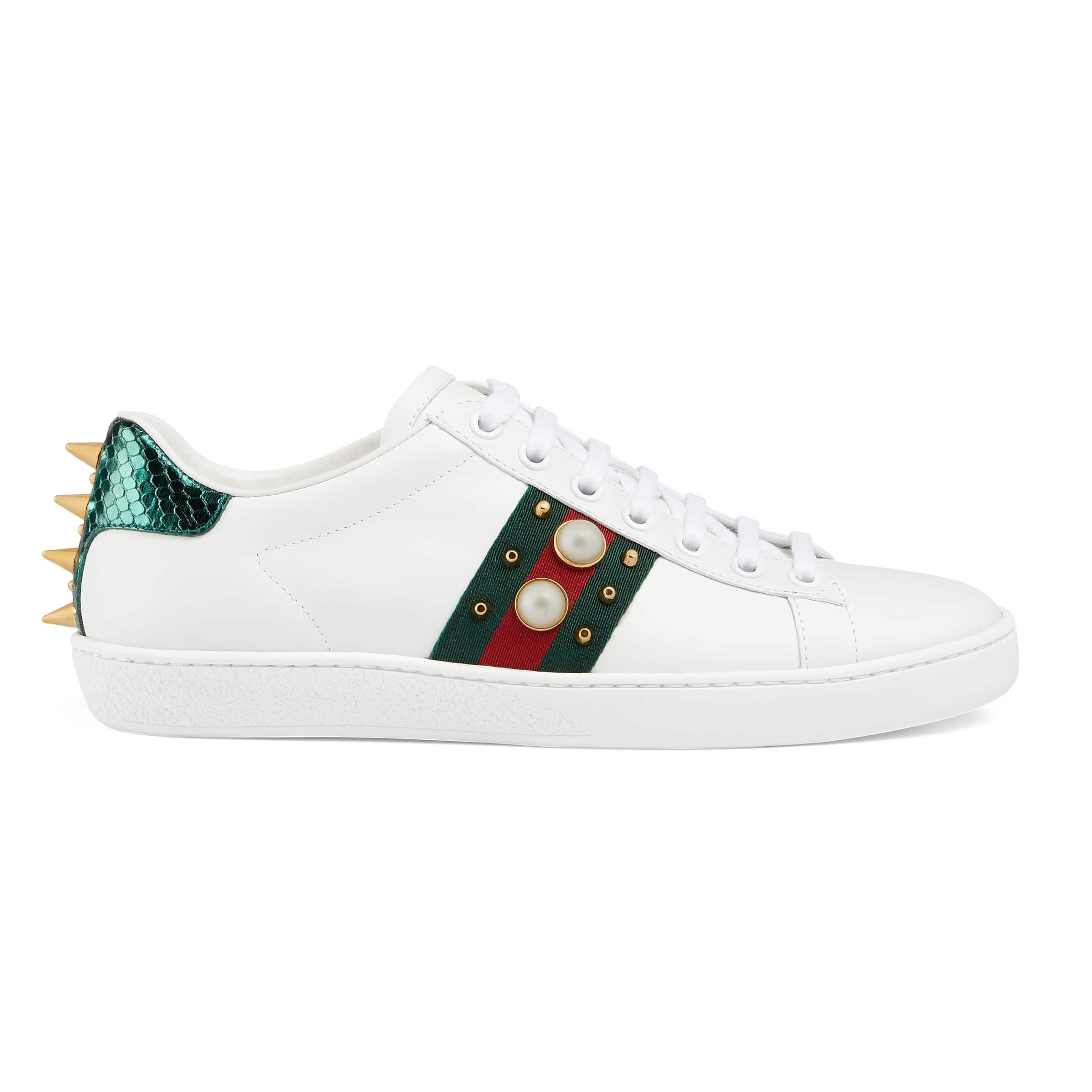 Gucci Ace Pearl And Stud-Detail Leather Trainers in White - Save 25% - Lyst