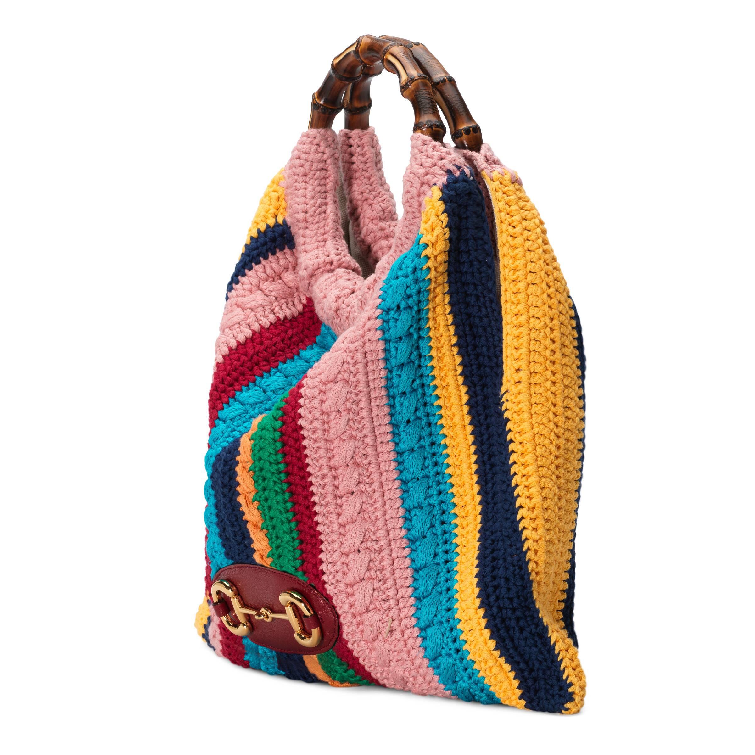 Gucci Multicoloured 1955 Horsebit Crochet Tote Bag in Pink