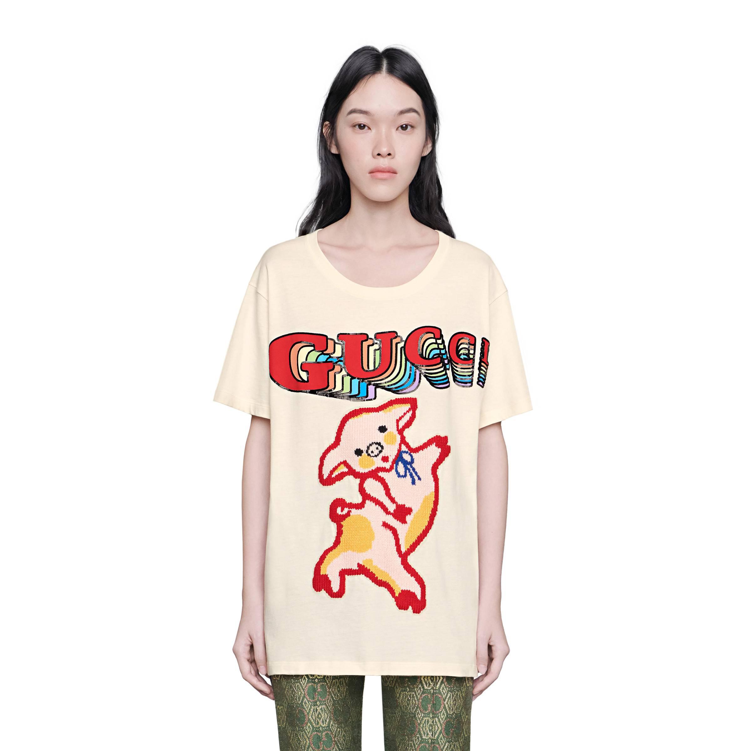 T-shirt oversize donna in cotone con maialinoGucci in Cotone di colore  Bianco | Lyst