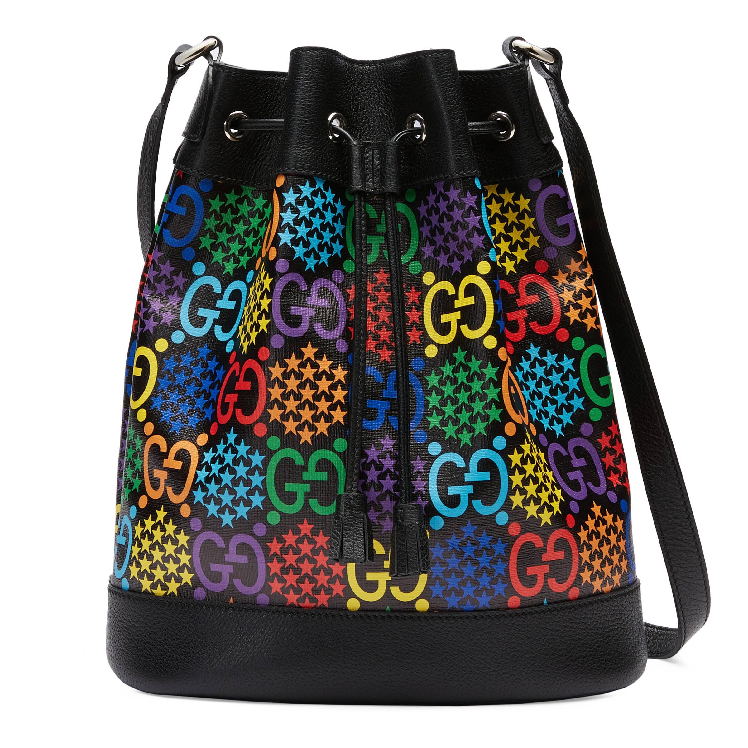 Authenticated used Gucci Gucci GG Psychedelic Bucket Bag Shoulder 598149 PVC Leather Black Multicolor Pink Drawstring, Adult Unisex, Size: (HxWxD)