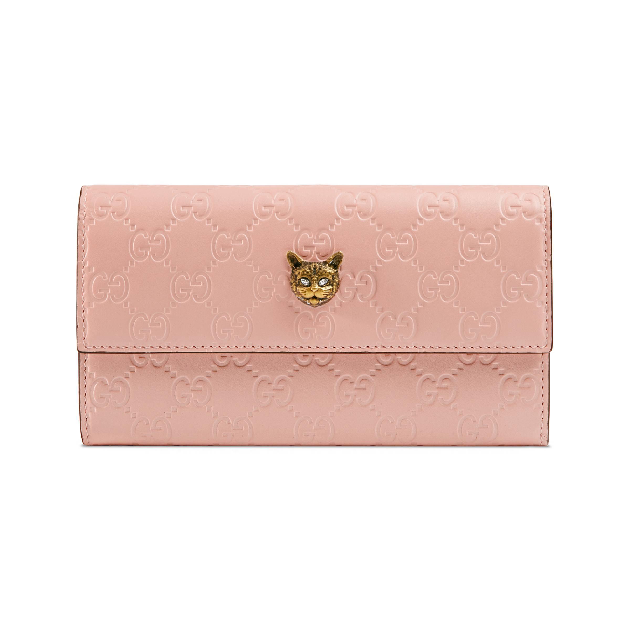 Gucci Leather Signature Continental Wallet With Cat in Pink - Lyst
