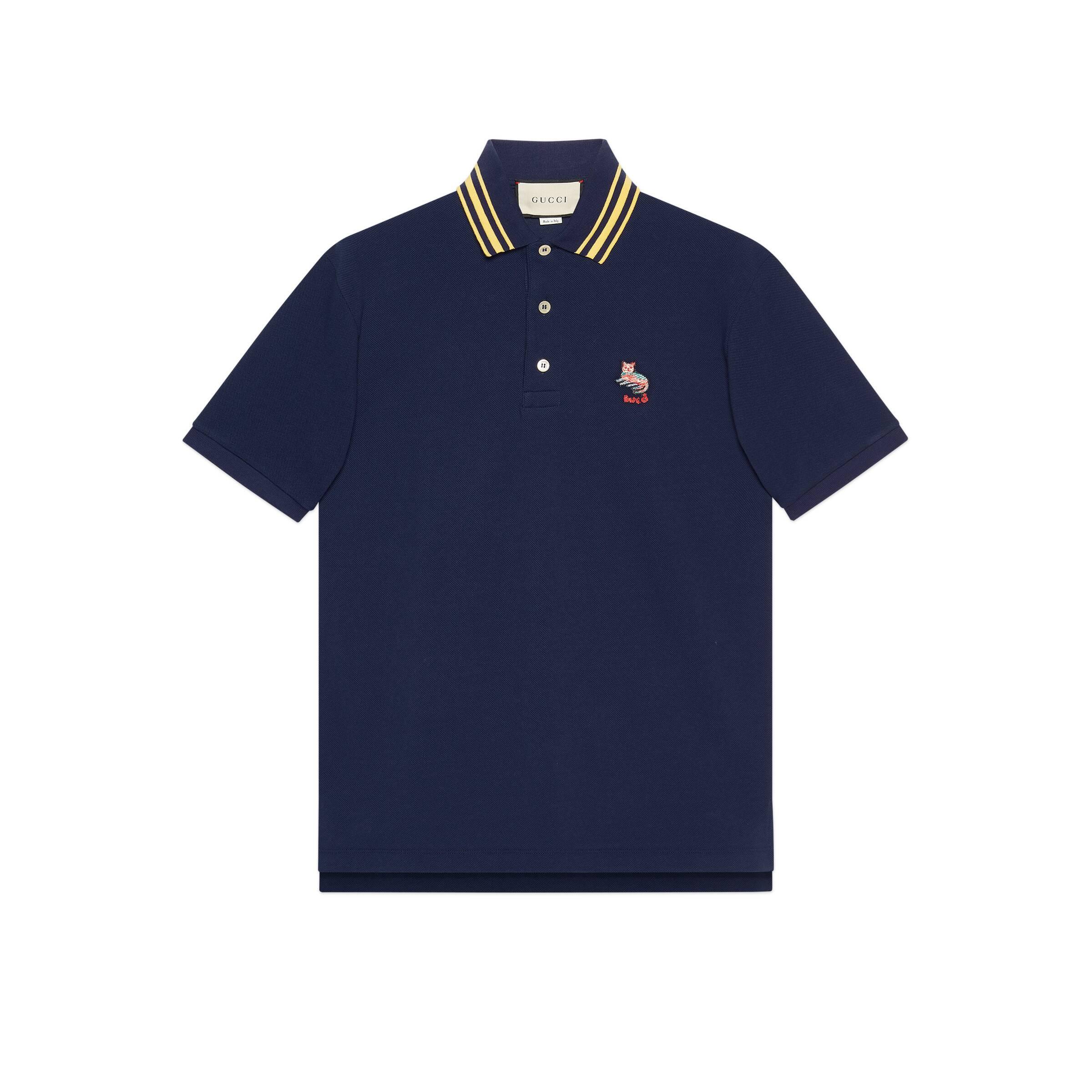 Gucci Cotton Piquet Polo With Cat Patch in Blue for Men | Lyst