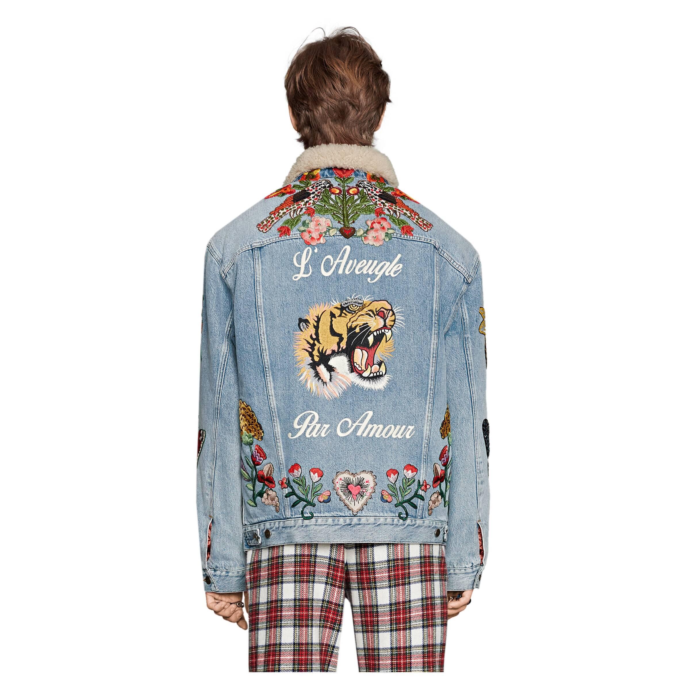 Gucci Embroidered Denim Jacket With Shearling in Blue for Men | Lyst
