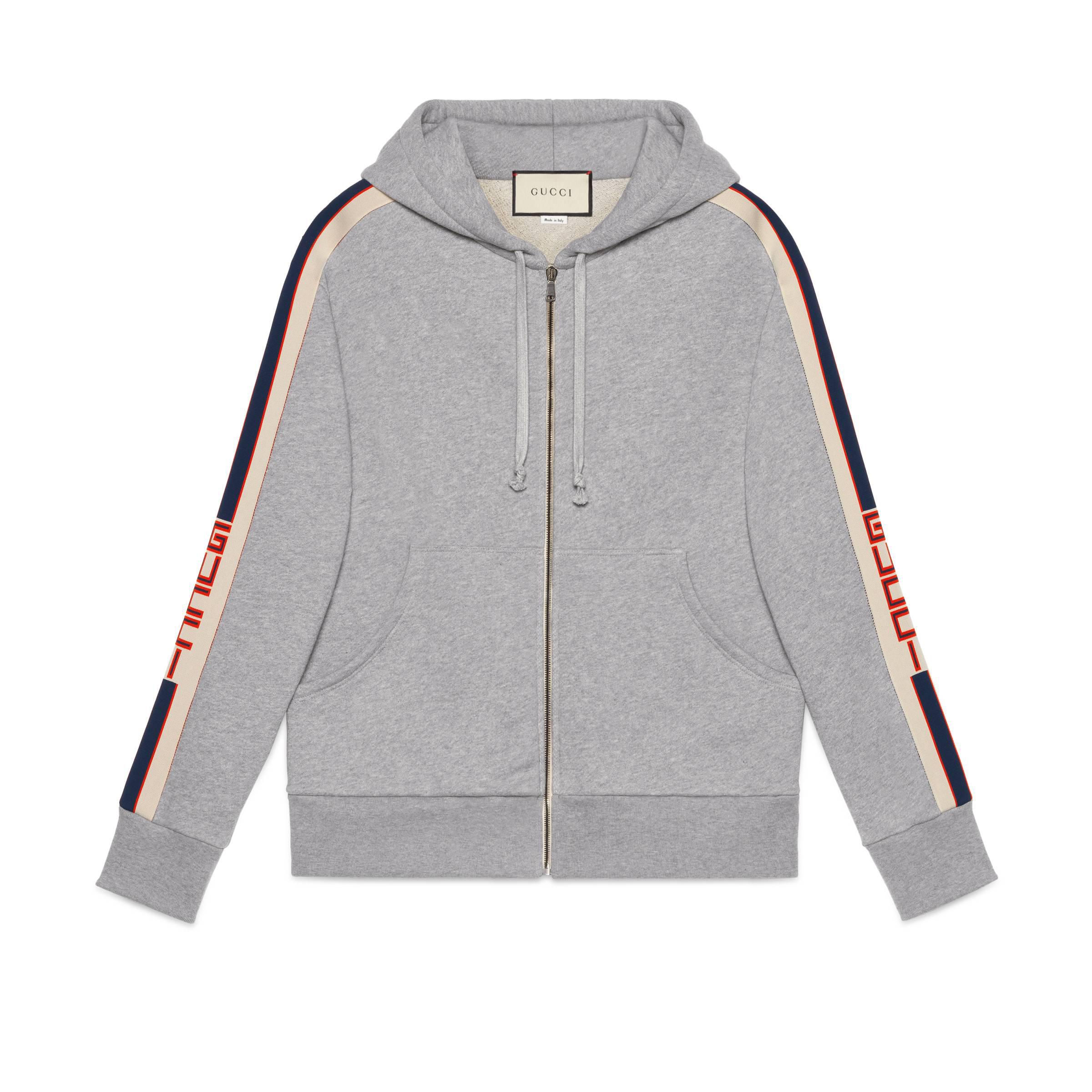 Gucci Hooded Zip-up Sweatshirt With Stripe in Gray for Men | Lyst