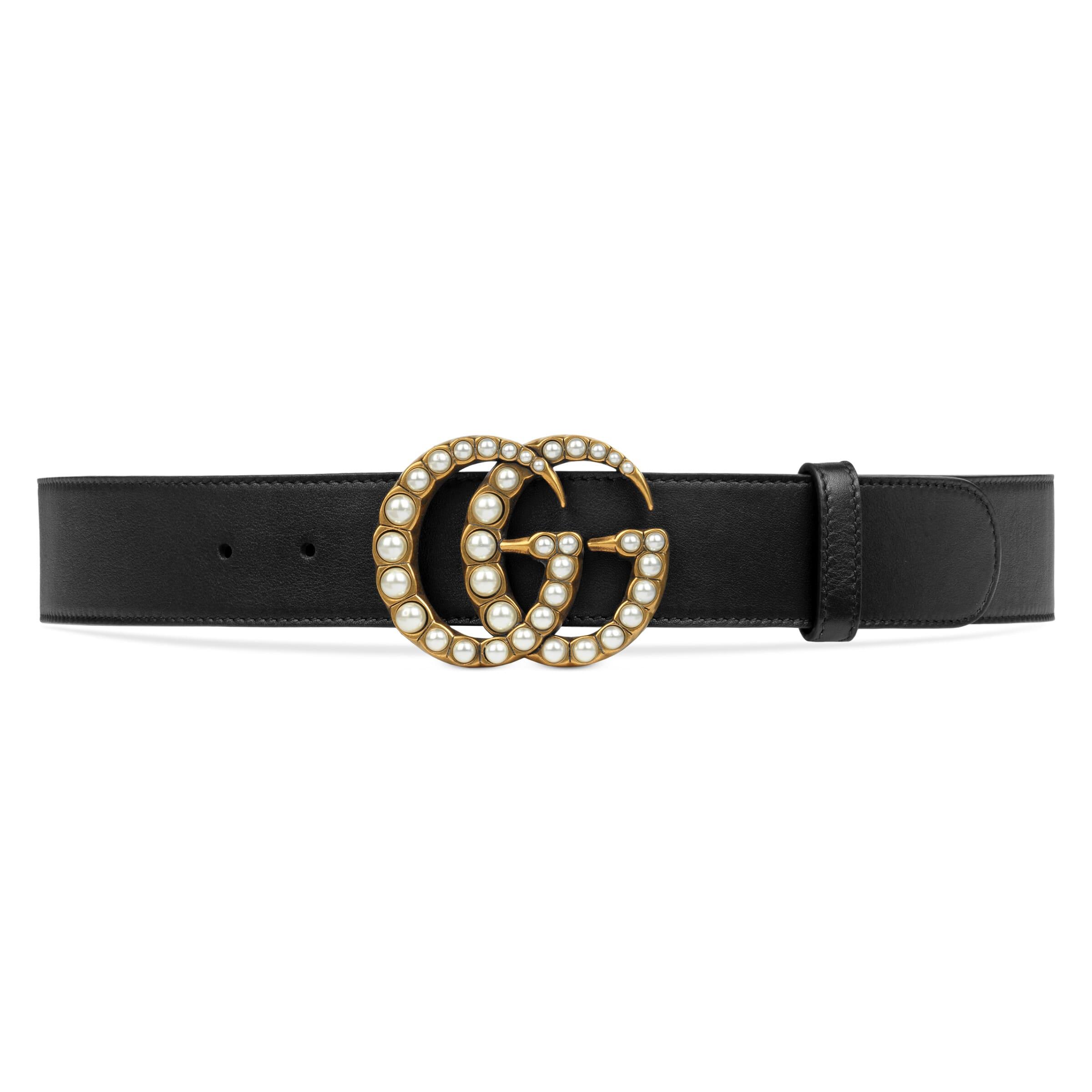 Gucci Leather Belt With Pearl Double G Buckle in Black | Lyst