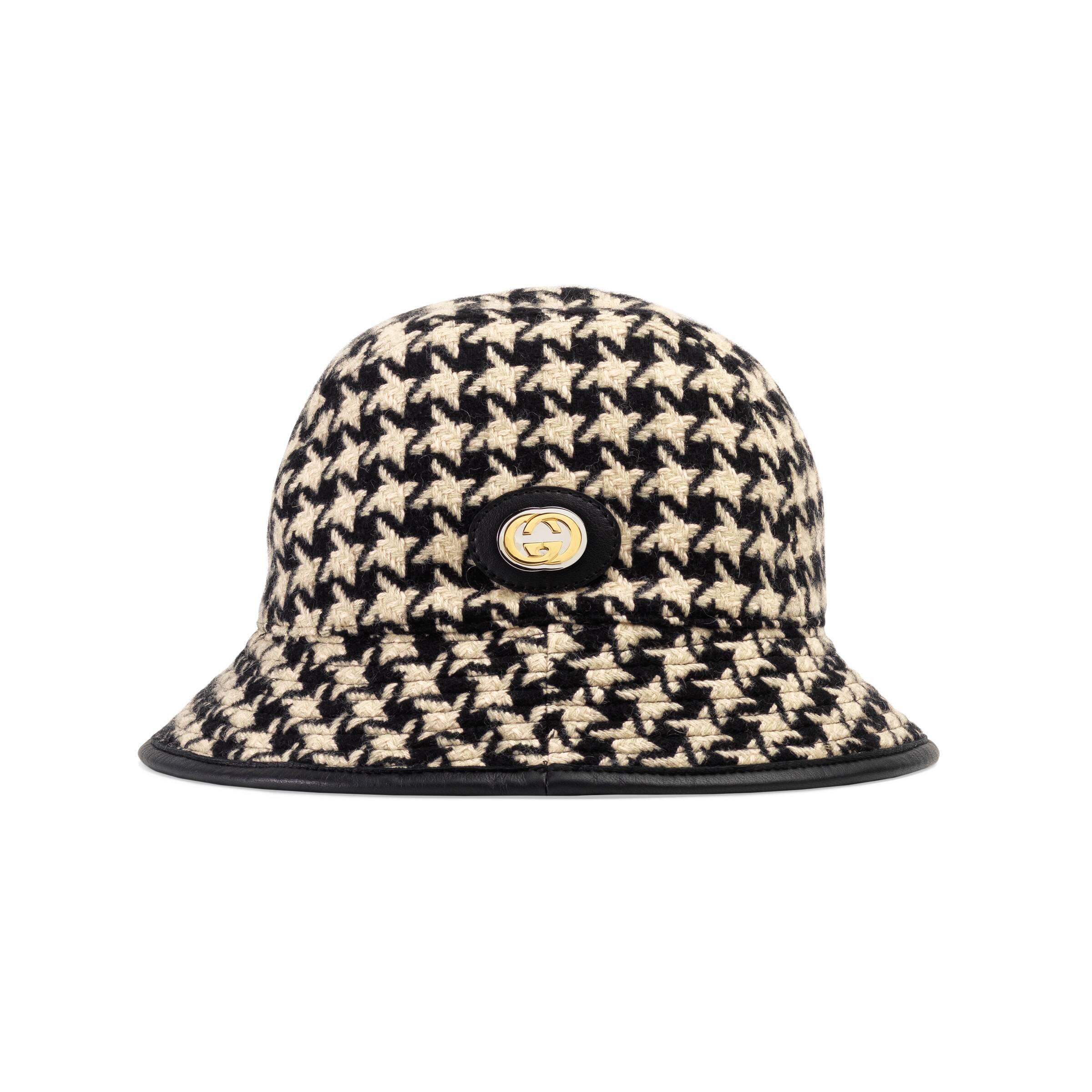 Gucci Leather Houndstooth Fedora Hat in Black/White Houndstooth (Black