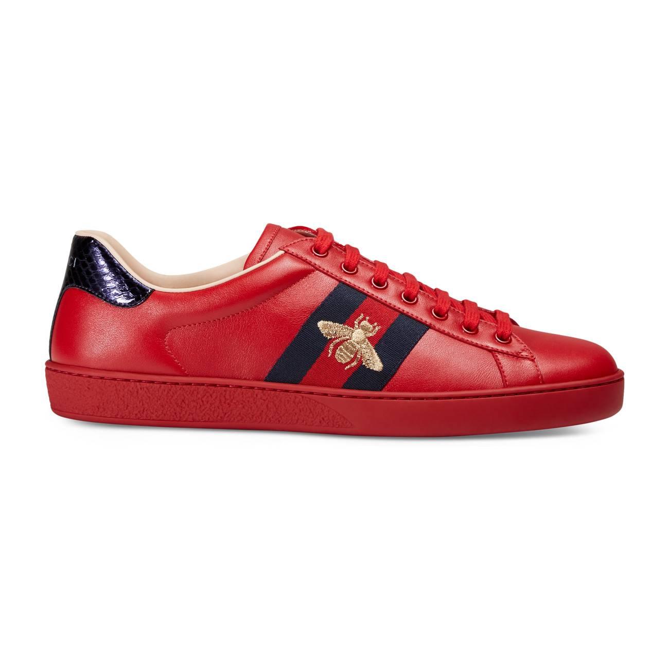 MENS GUCCI ACE LEATHER SNEAKERS TIGER ON BACK NAVY RED GENTLY USED