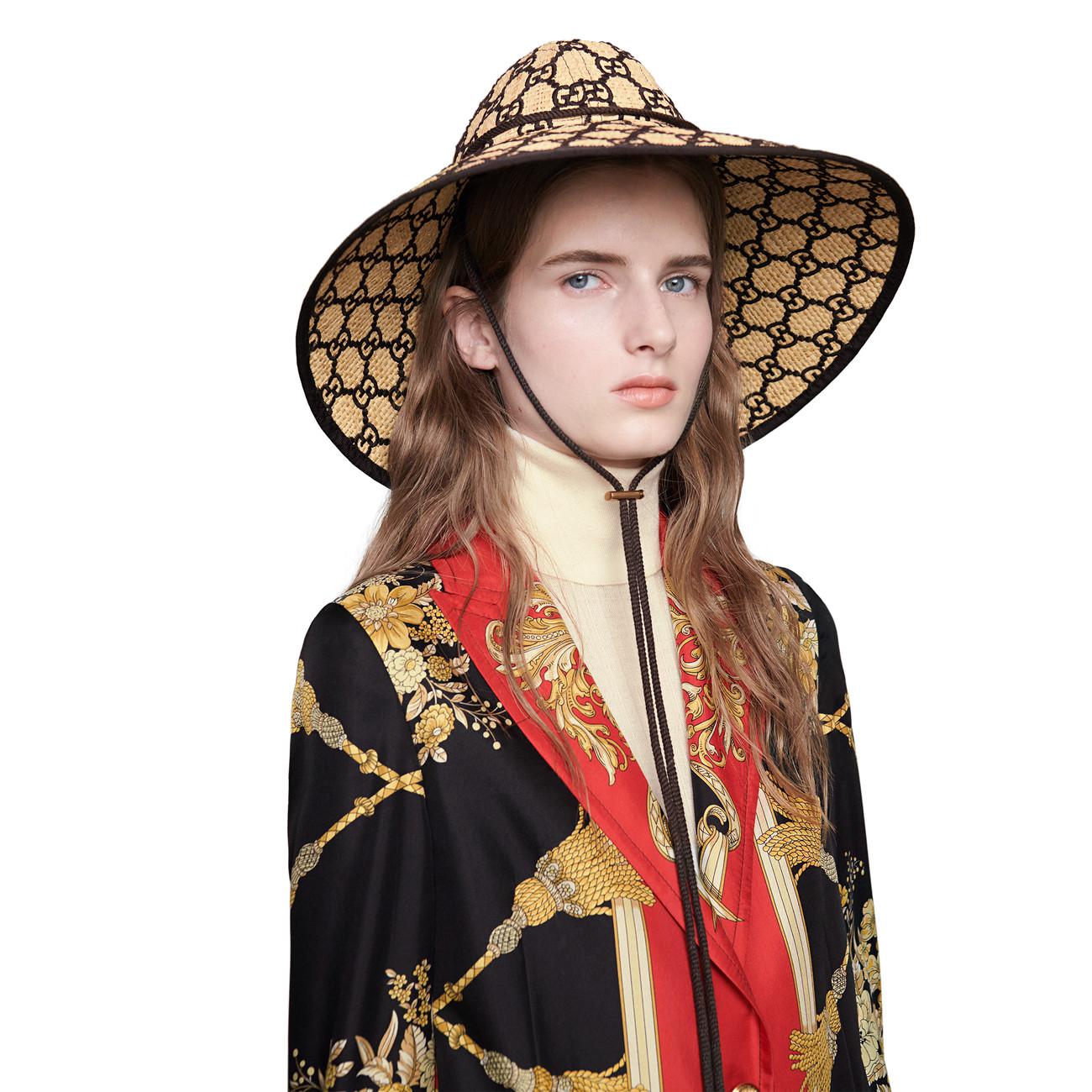 Gucci Cotton GG Raffia Wide Brim Hat in 