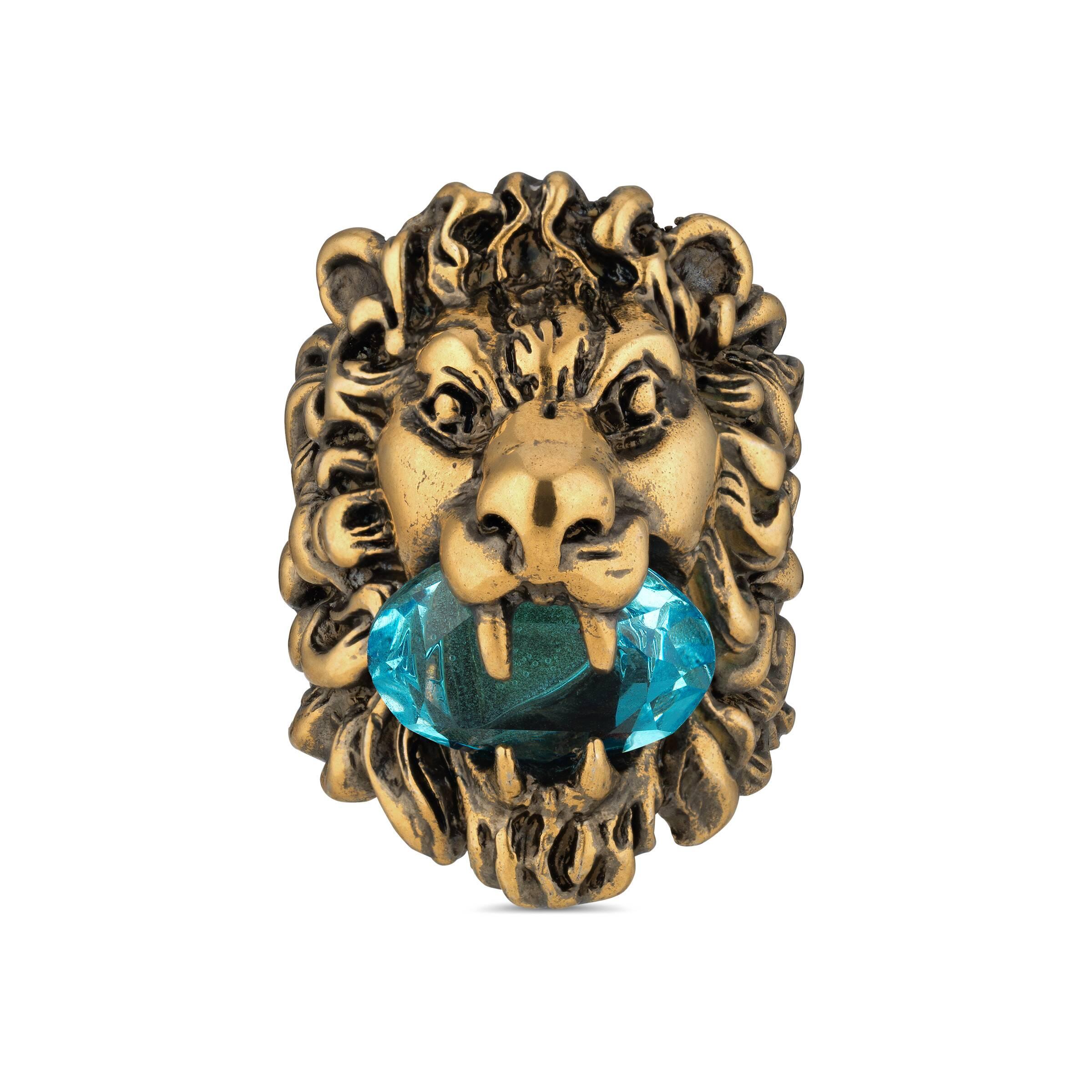 Gucci Lion Head Ring With Crystal in Aquamarine Crystal (Metallic