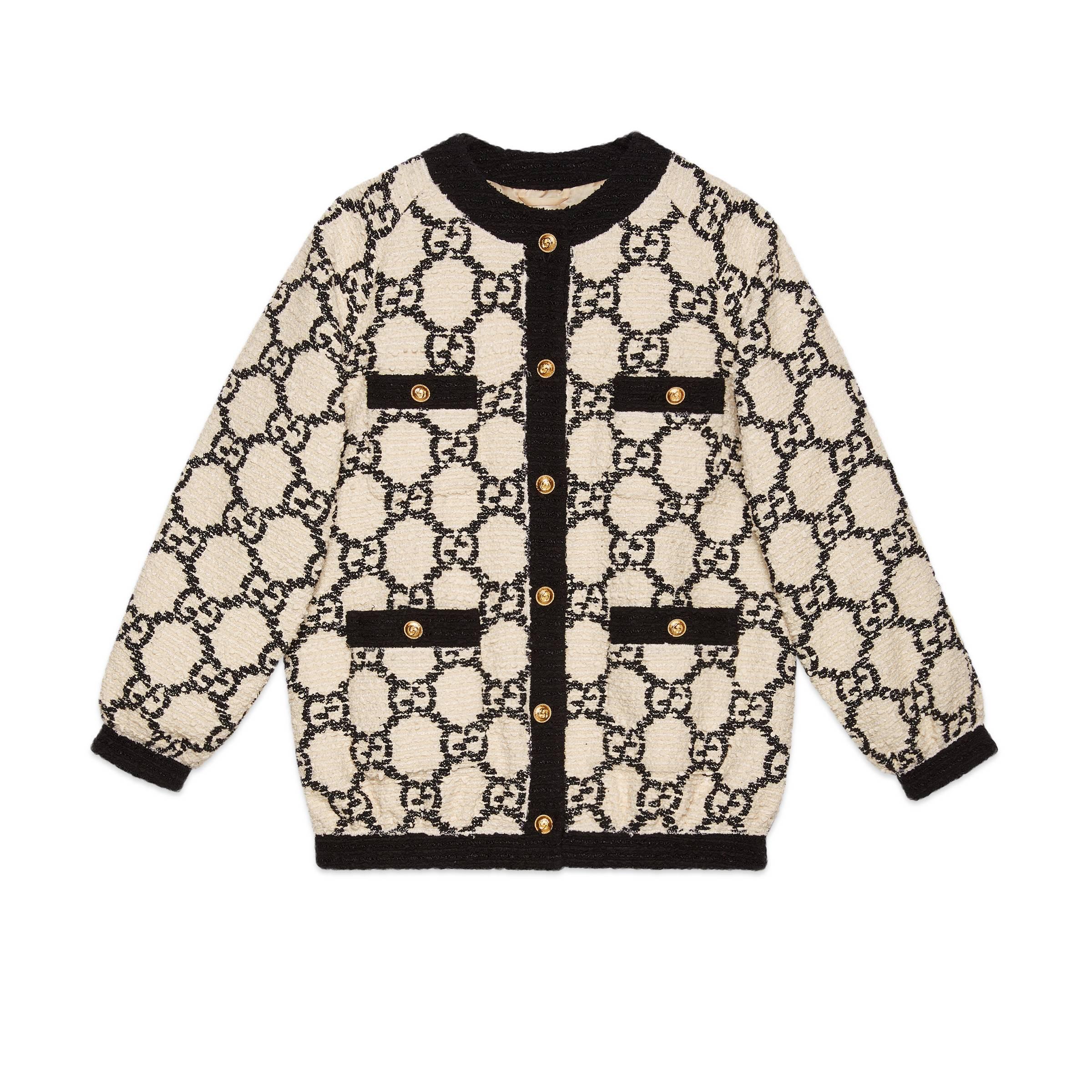 Gucci GG Tweed Oversized Bomber Jacket in White | Lyst