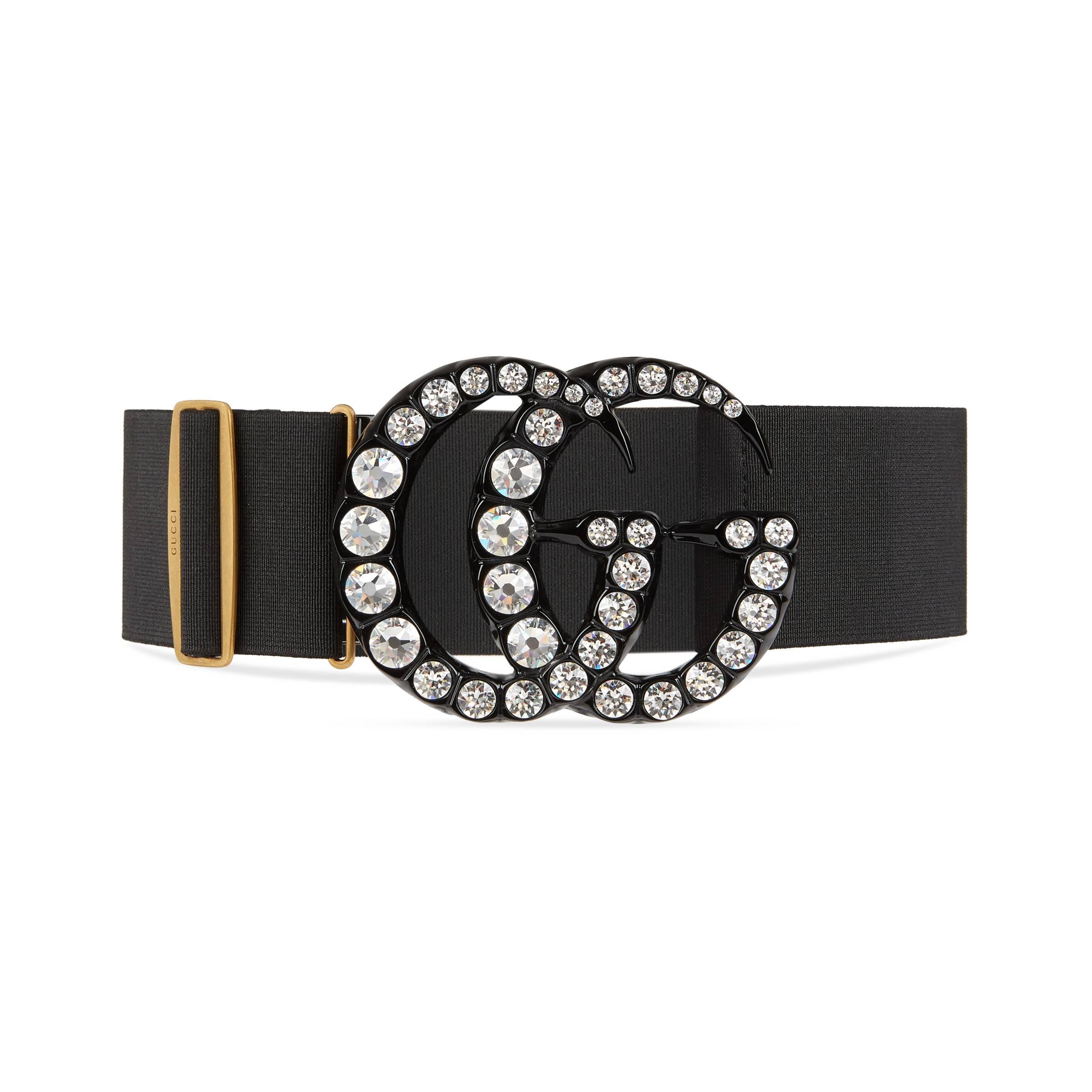Gucci Elastic Belt With Crystal Double G Buckle in Black | Lyst