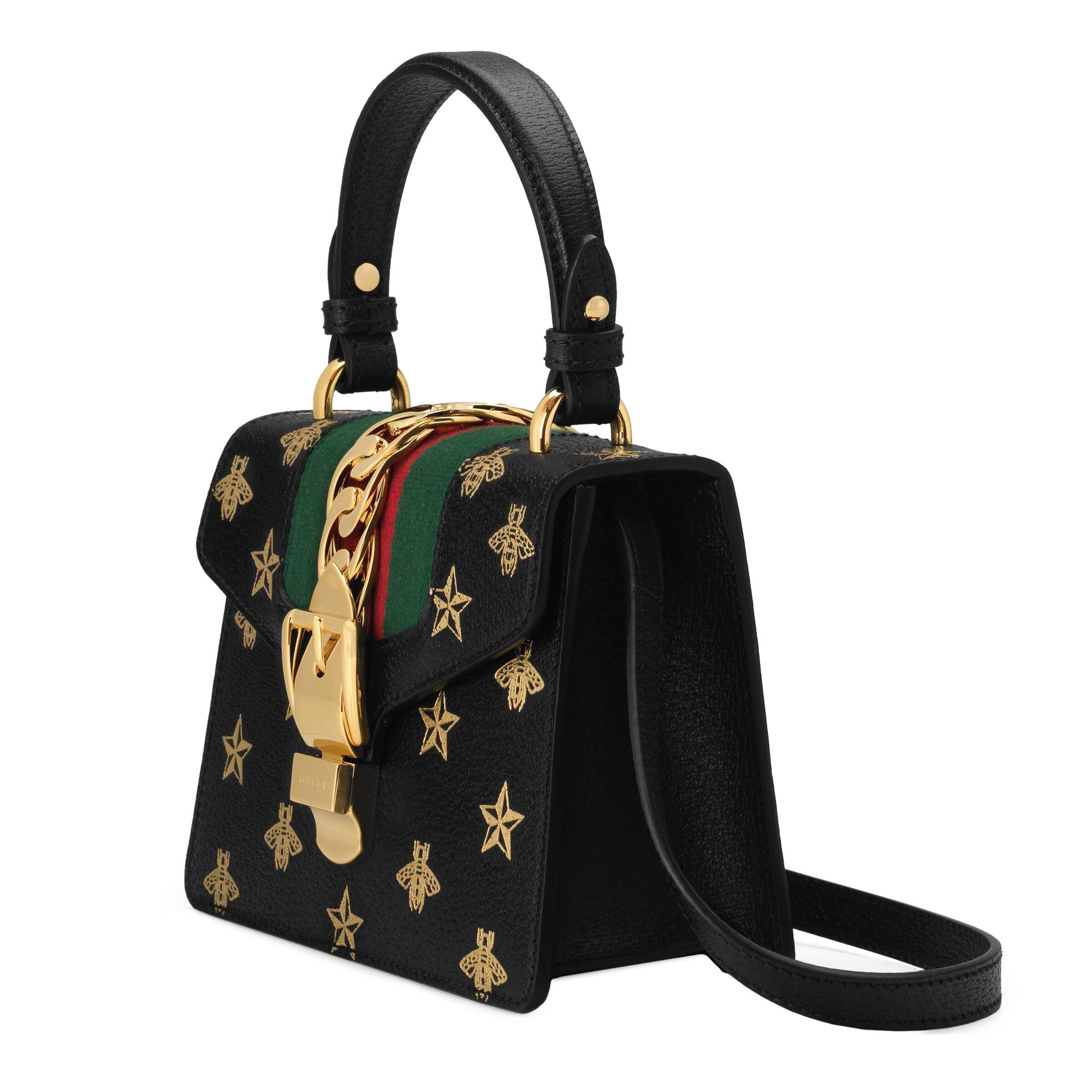 Auth Gucci Sylvie bee and star Crossbody Shoulder Bag Black/Gold Leather  e54452g