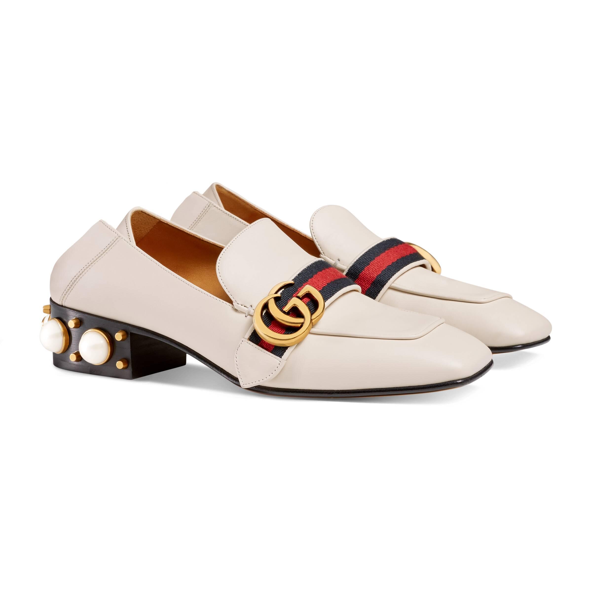 gucci mid heel loafer white