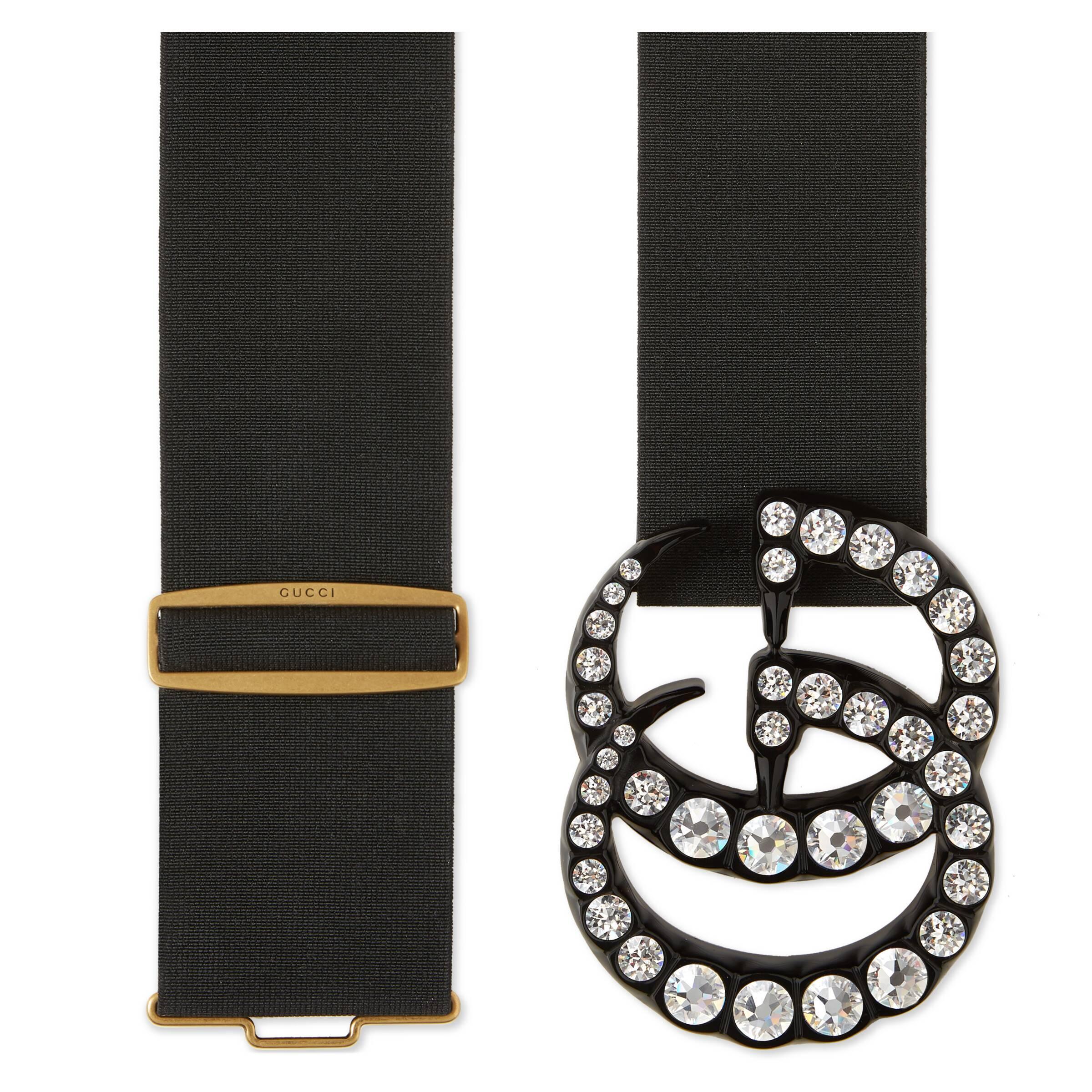Black Leather Belt With Double G Buckle & Sparkling Crystals