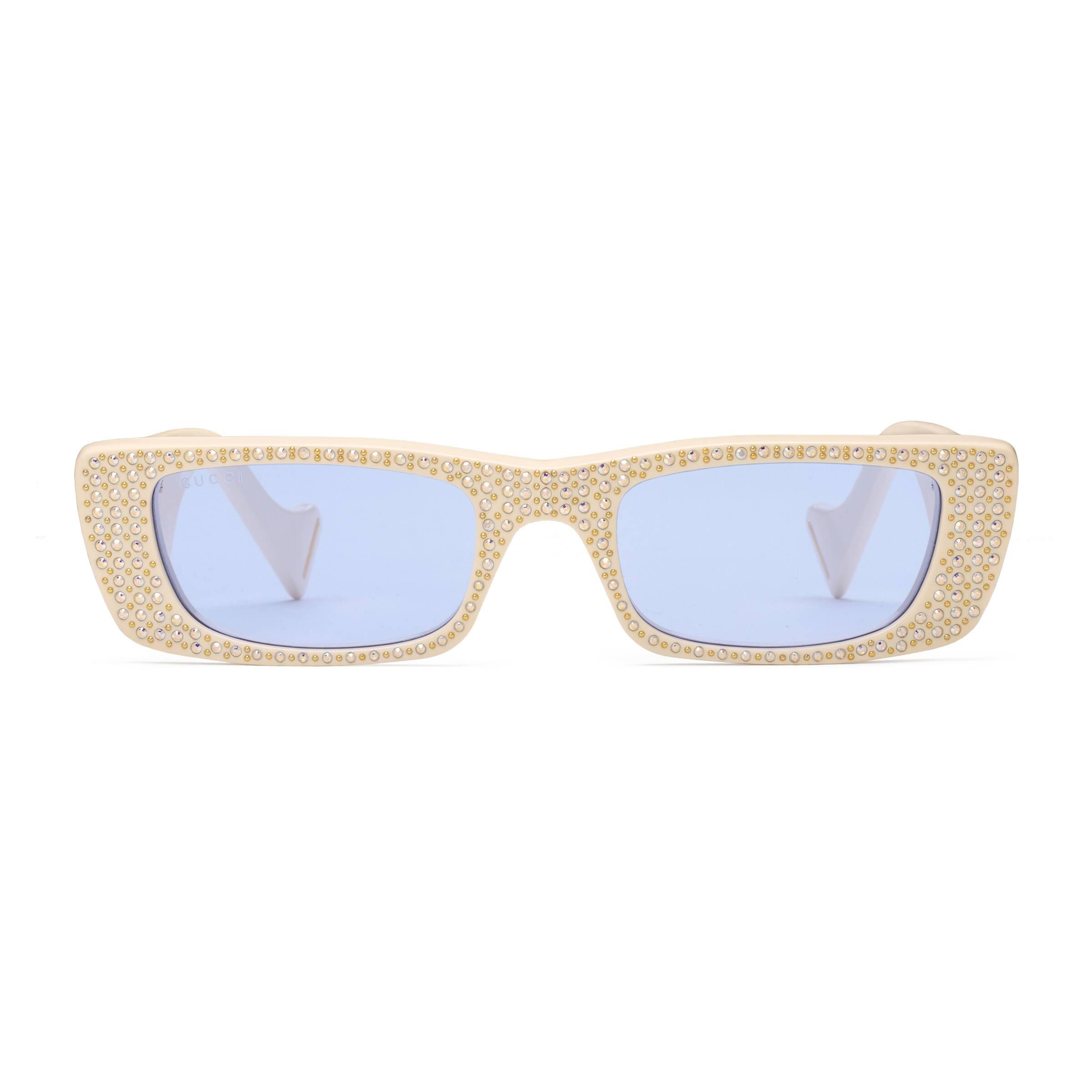 Gucci Velvet Rectangular Sunglasses With Crystals in White - Lyst