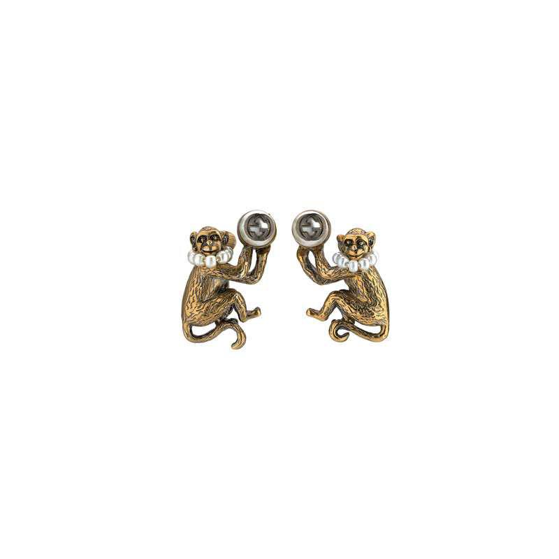 Gucci Monkey Earrings With Glass Pearls 