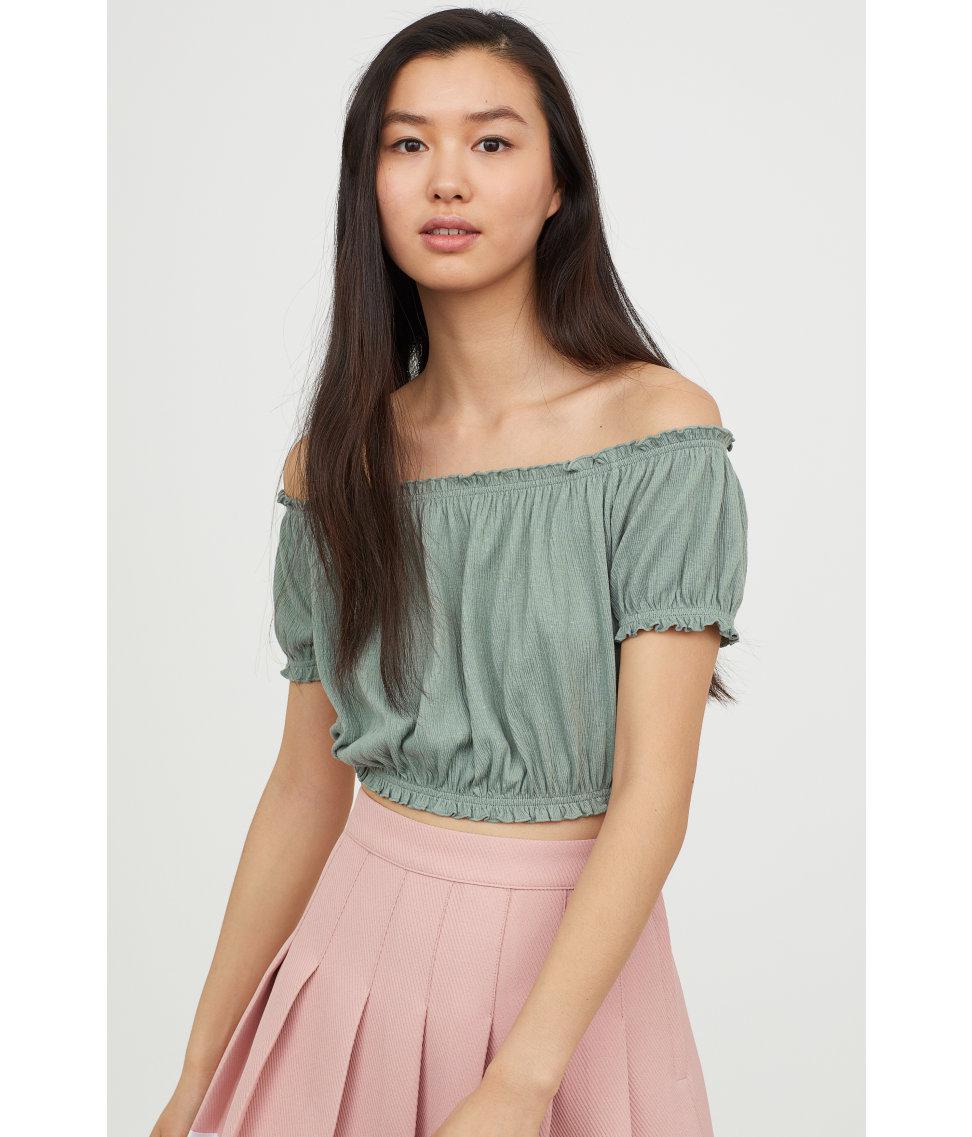 H/&M Black L Rose Printed Off The Shoulder Top