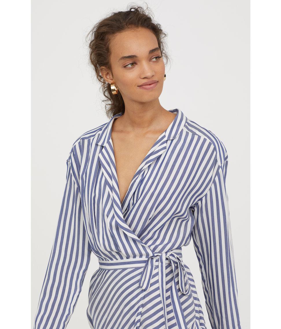 H&M Striped Wrap Dress in Blue | Lyst