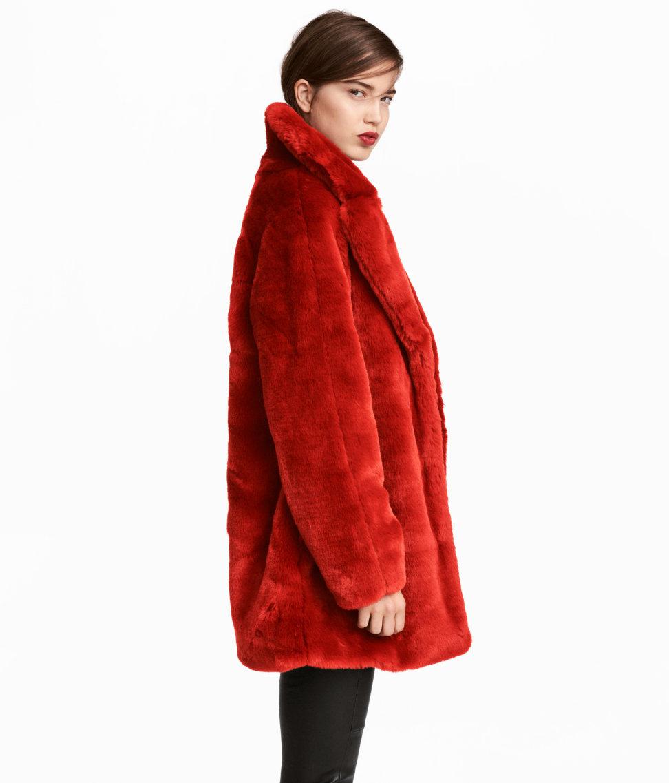 H&M Short Faux Fur Coat in Red | Lyst