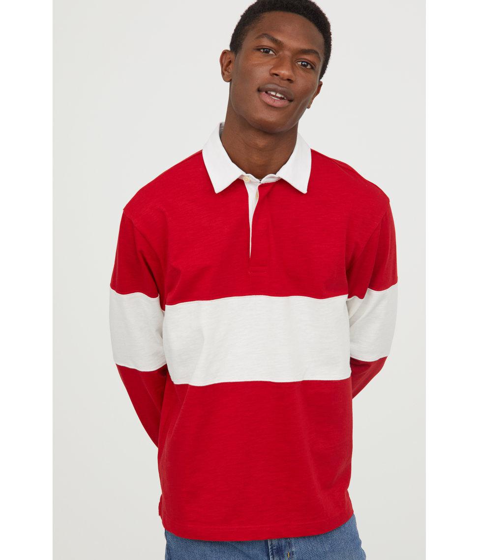H M Cotton Rugby Shirt In Red Striped, Red Stripe Rugby Shirt