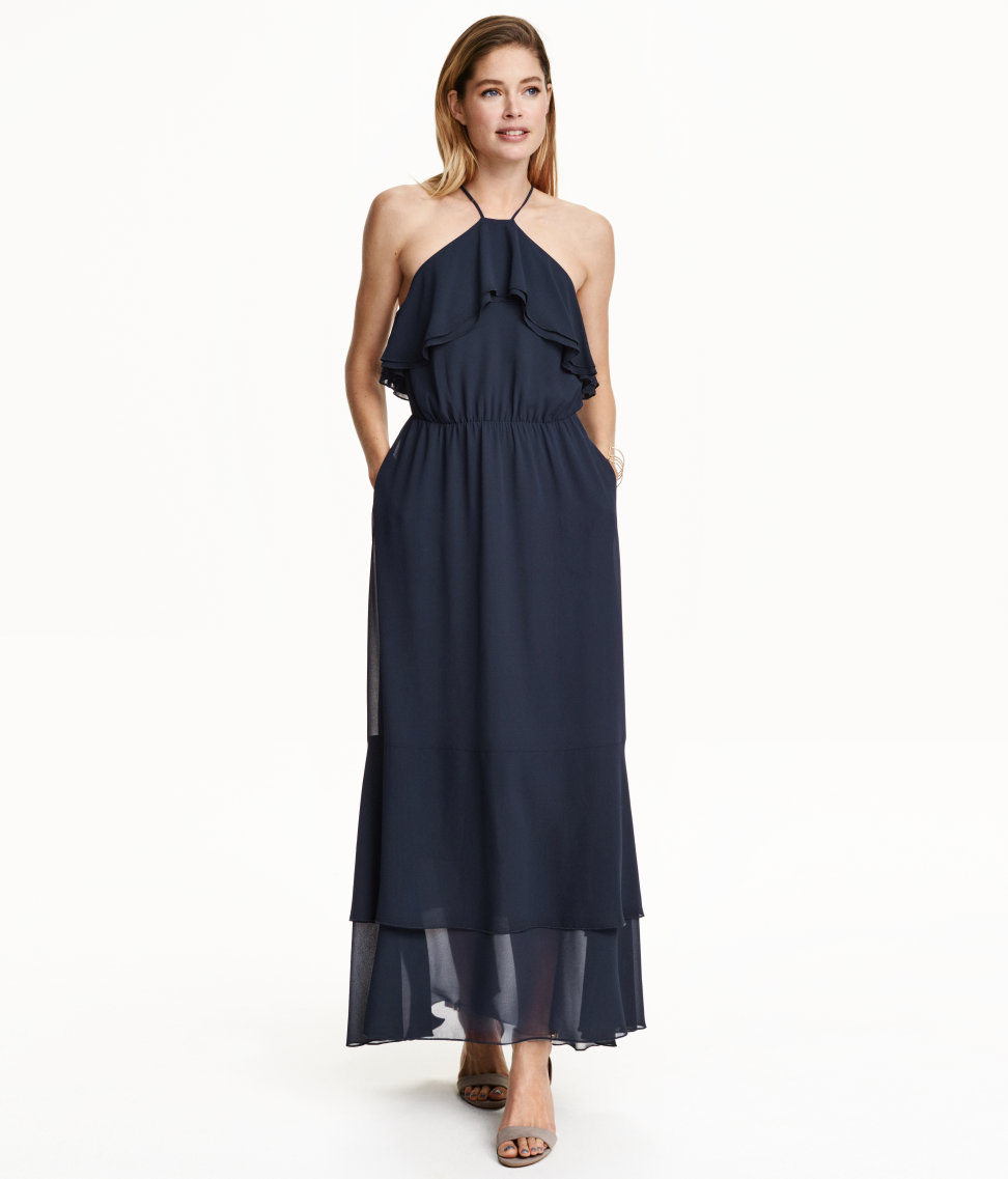 H&M Chiffon Maxi Dress in Dark Blue (Blue) - Lyst