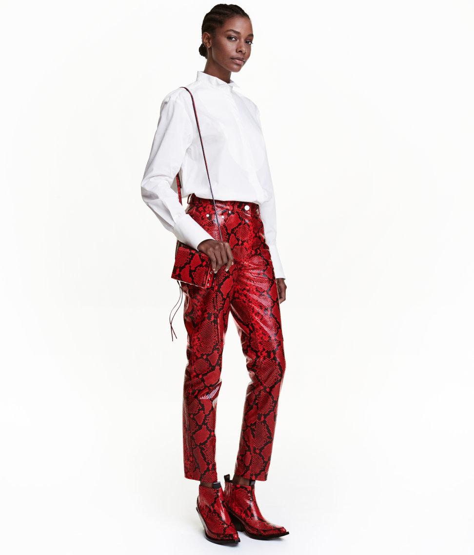 H&M Snake Print Leather Trousers in Red | Lyst