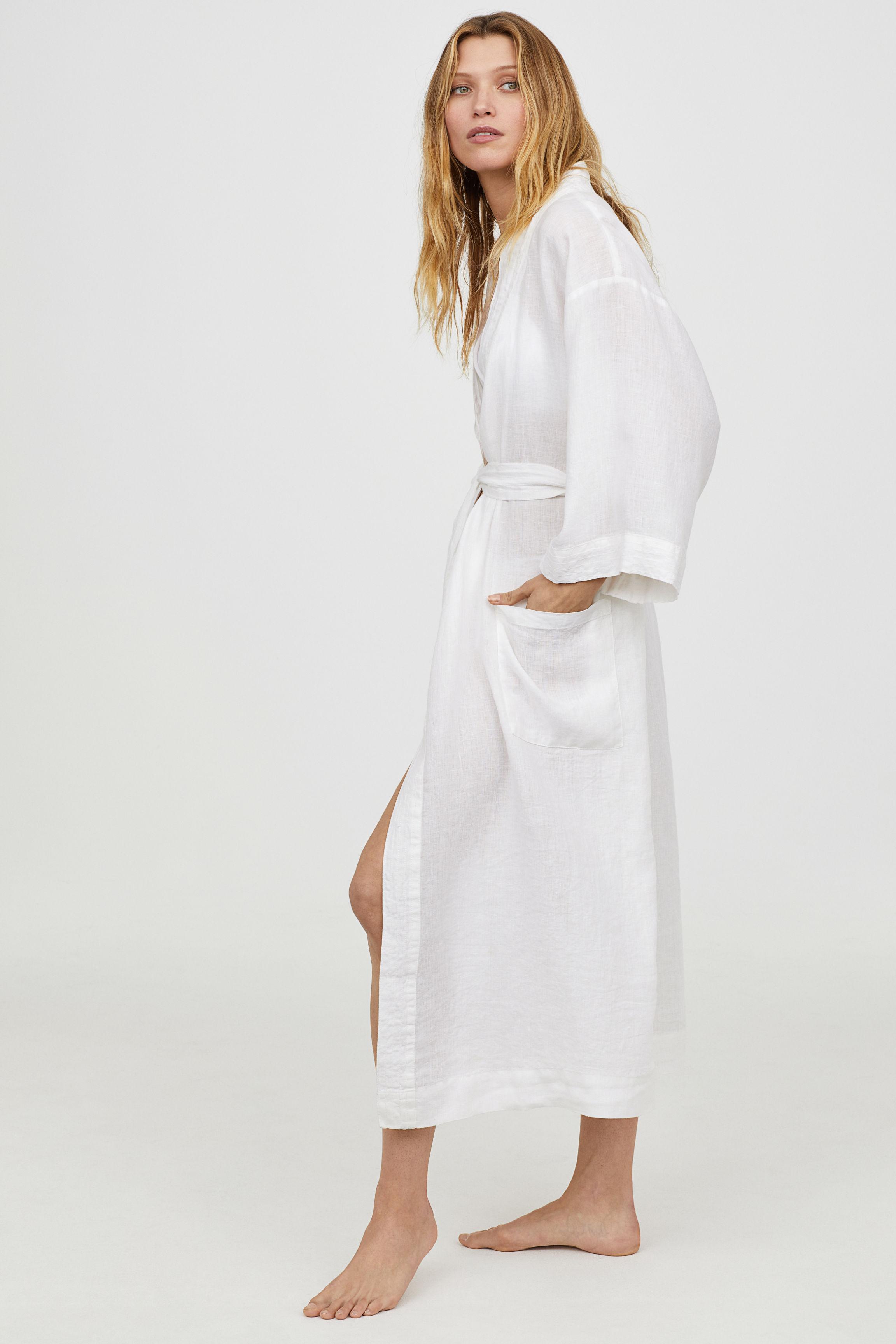 H&M Linen Bathrobe in White | Lyst