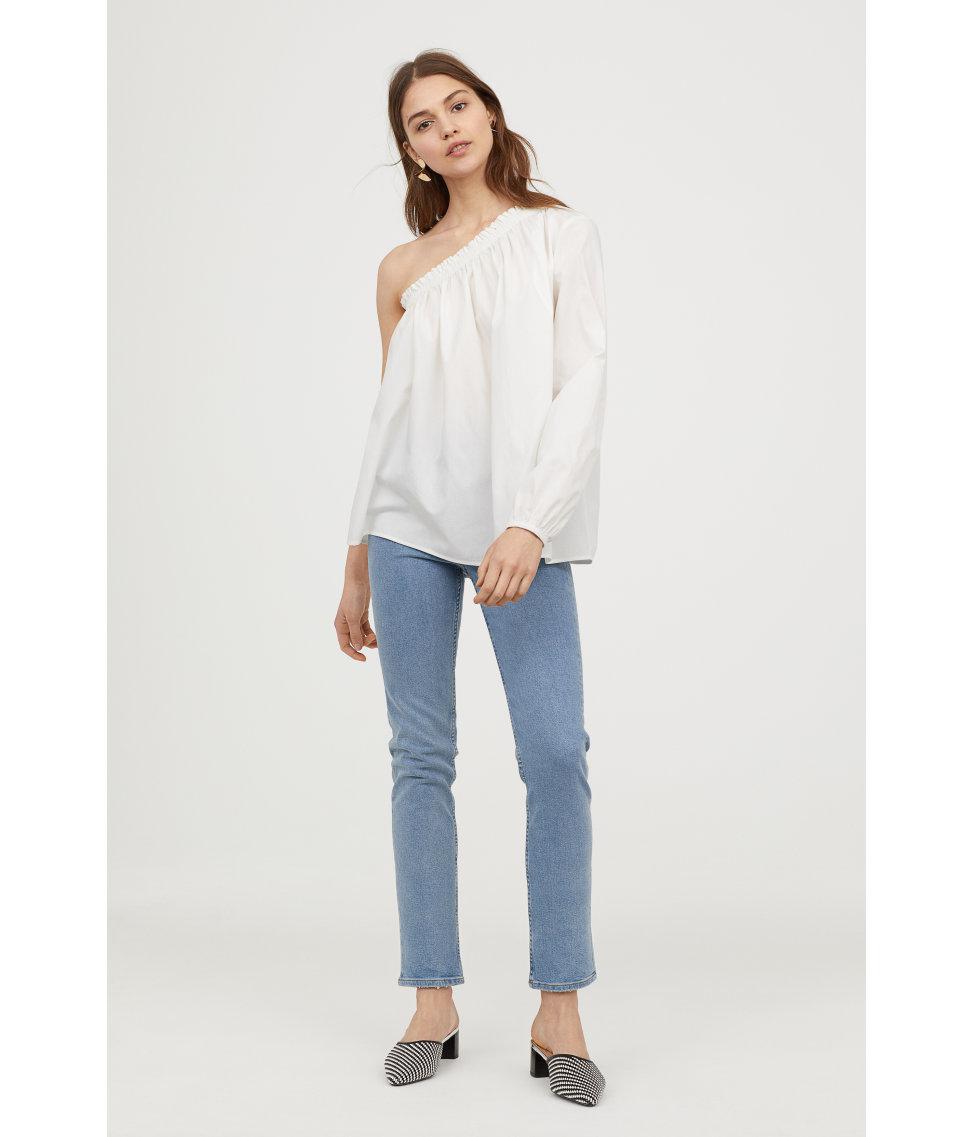 H\u0026M One-shoulder Cotton Blouse in White 