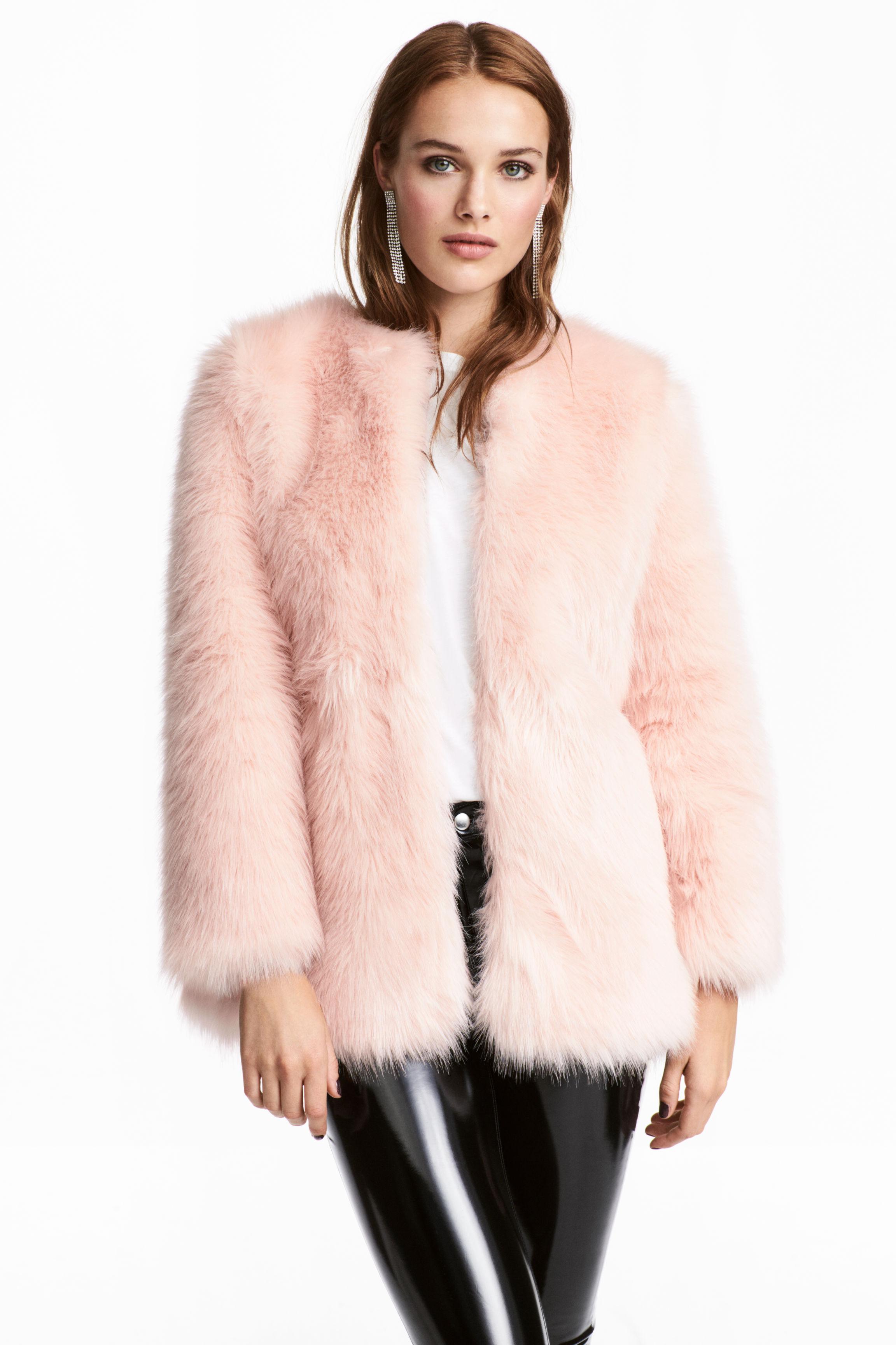 h&m faux fur coat pink