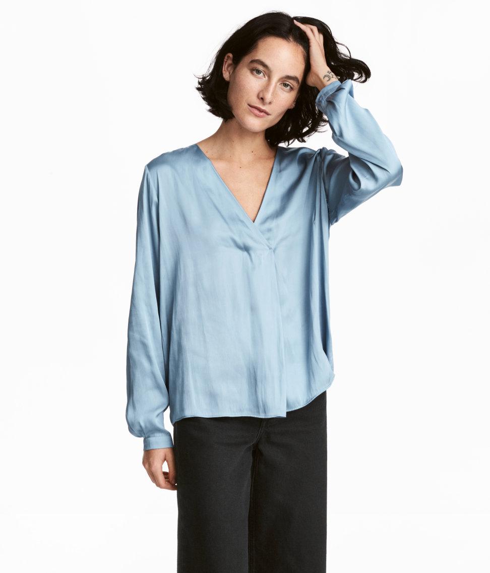 H&M Satin Blouse in Blue | Lyst