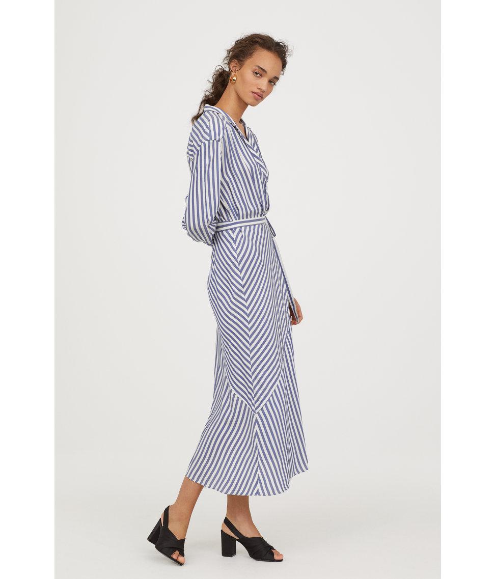 H&M Striped Wrap Dress in Blue | Lyst