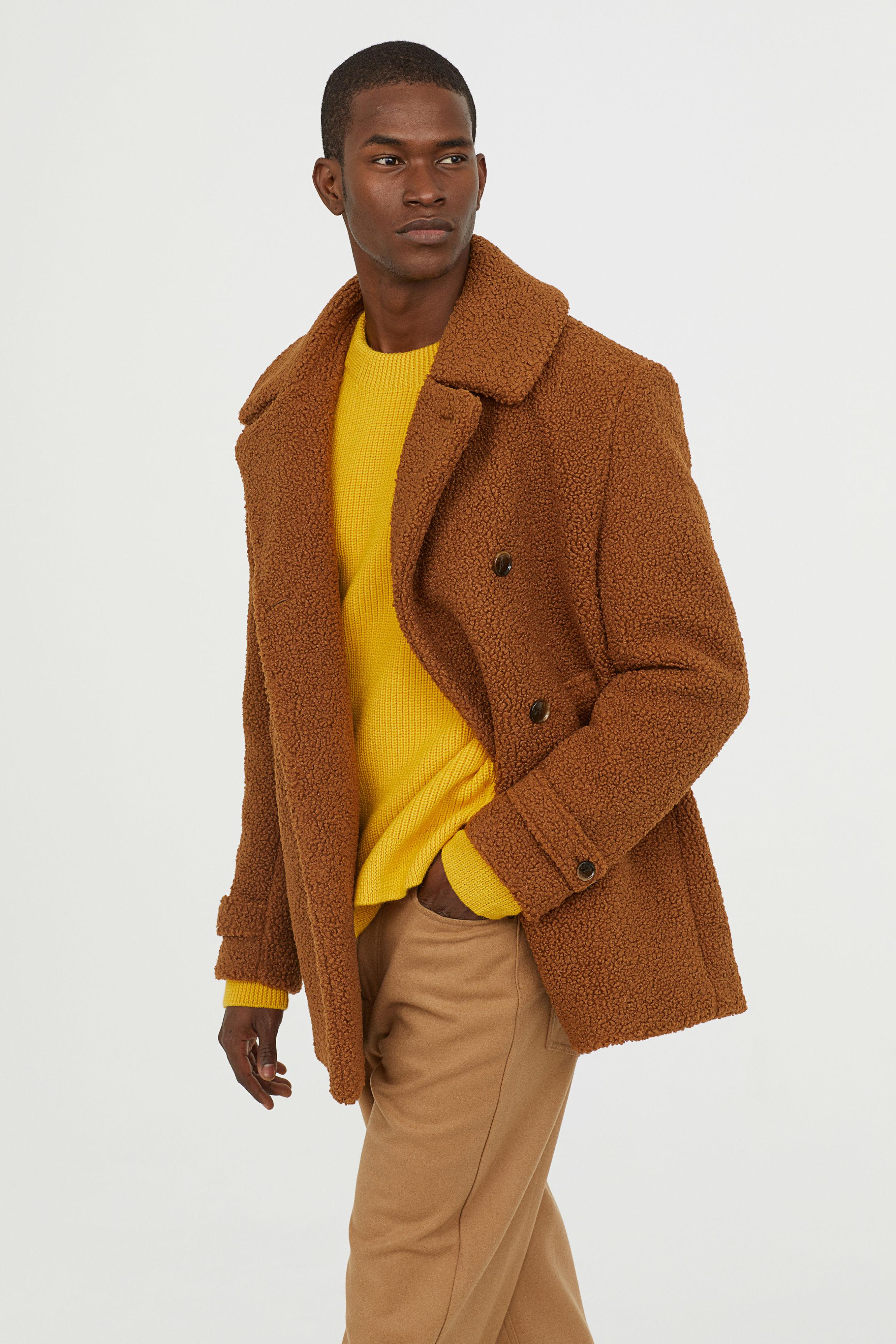 H&M Pile Pea Coat in Brown for Men | Lyst