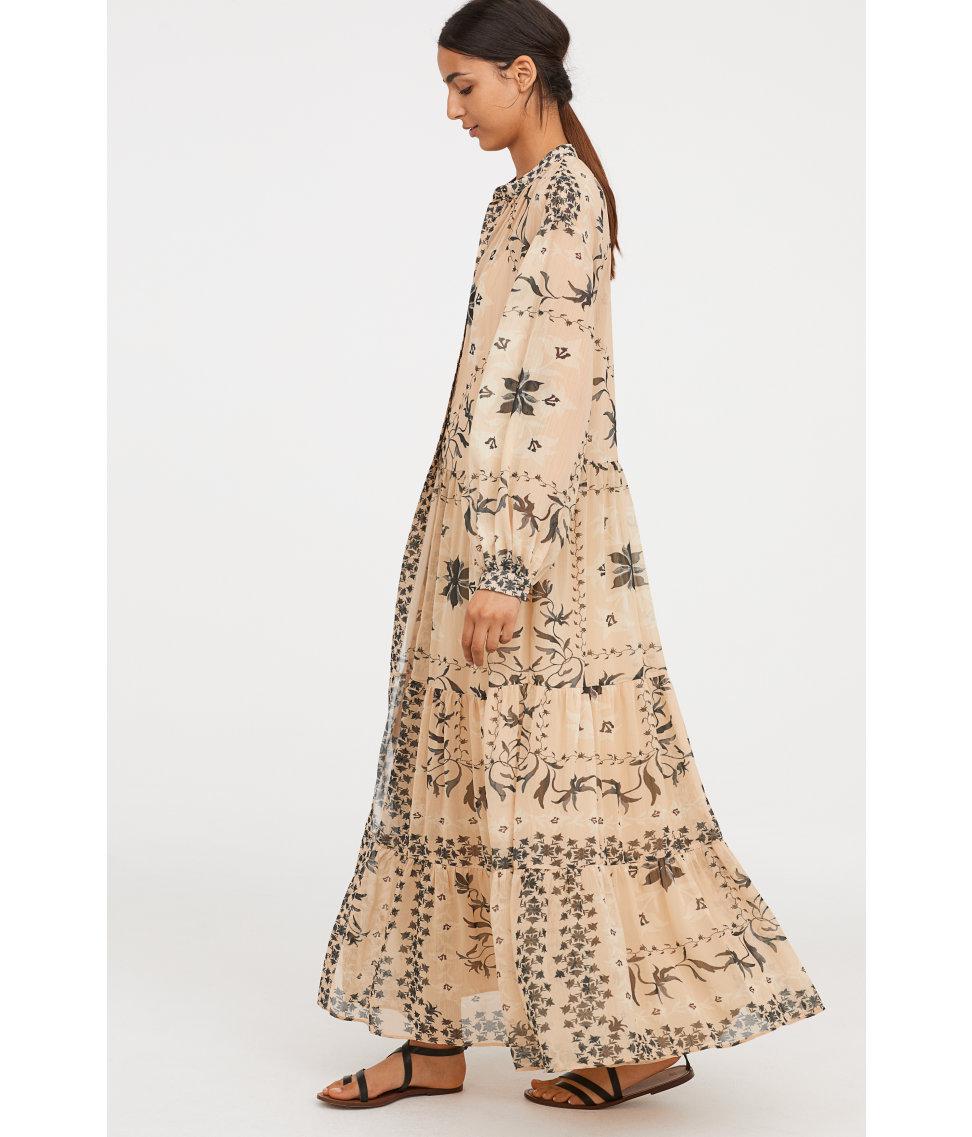 H&M Chiffon Crinkled Long Dress in Powder Beige/Patterned (Natural) - Lyst