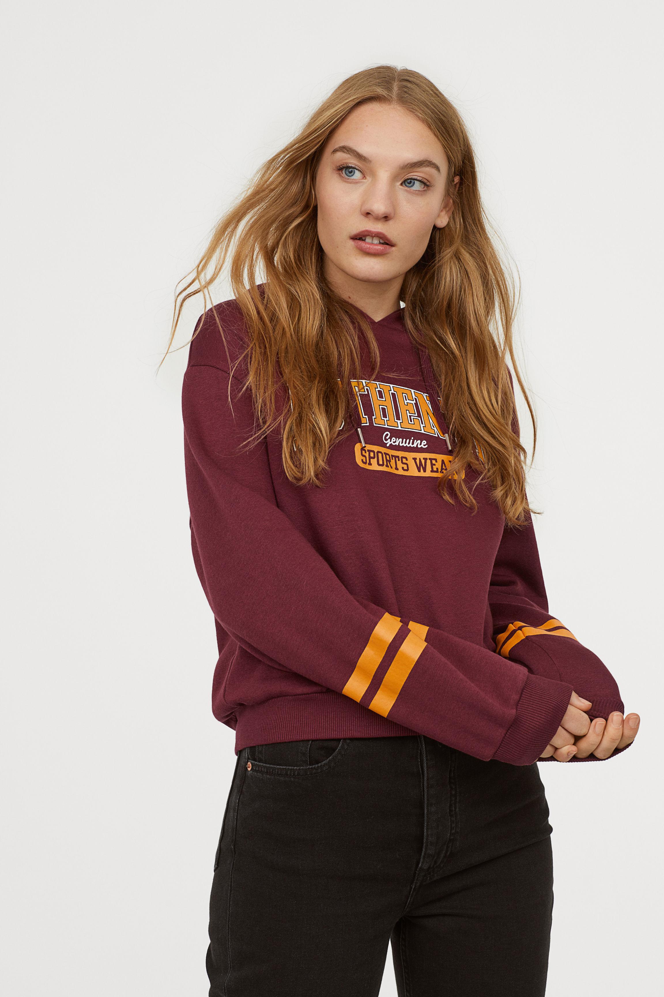 H M Cotton Printed Hooded Sweatshirt In Burgundy Red Lyst