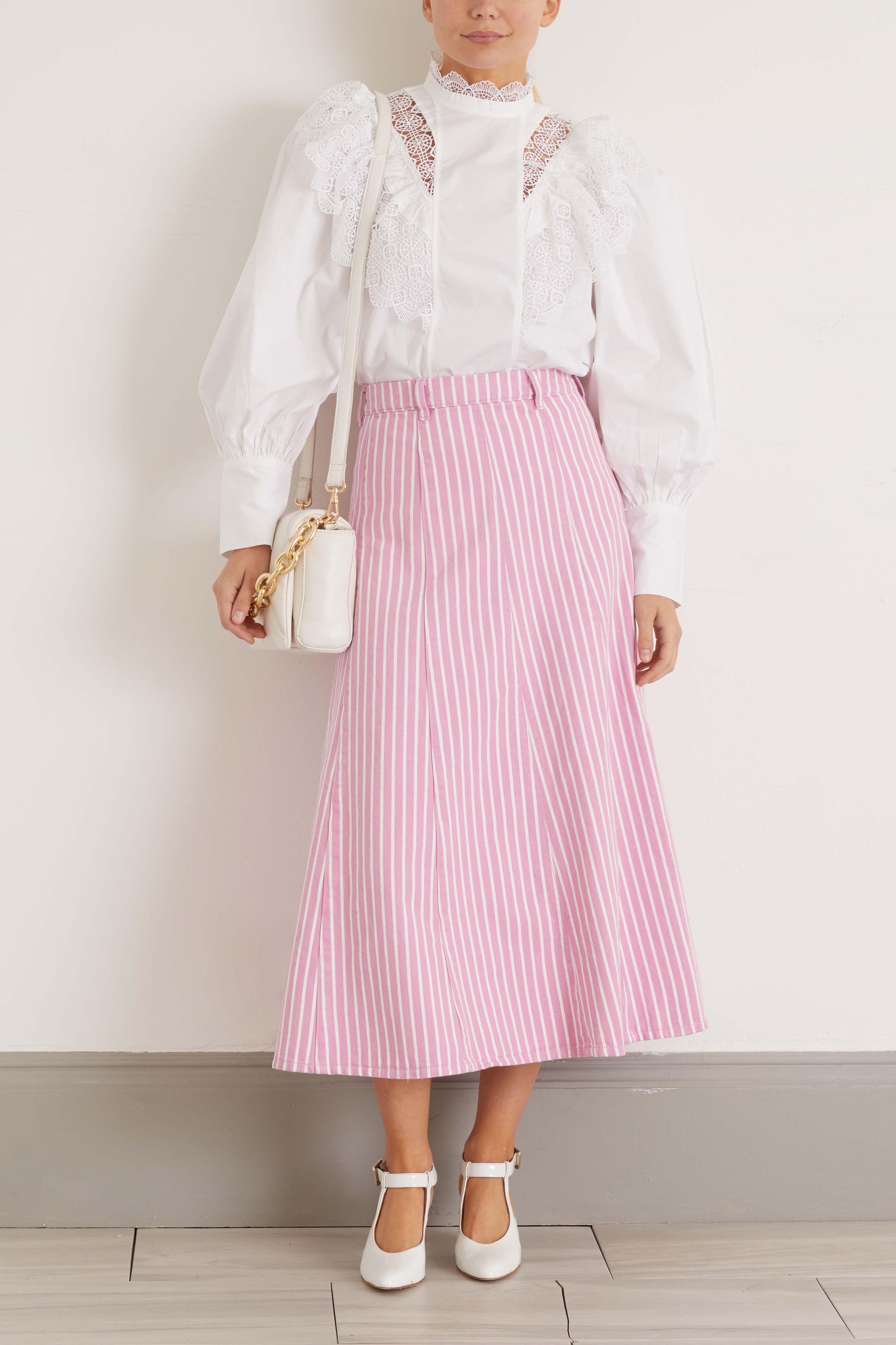 Ganni Stripe Denim Skirt in Pink | Lyst