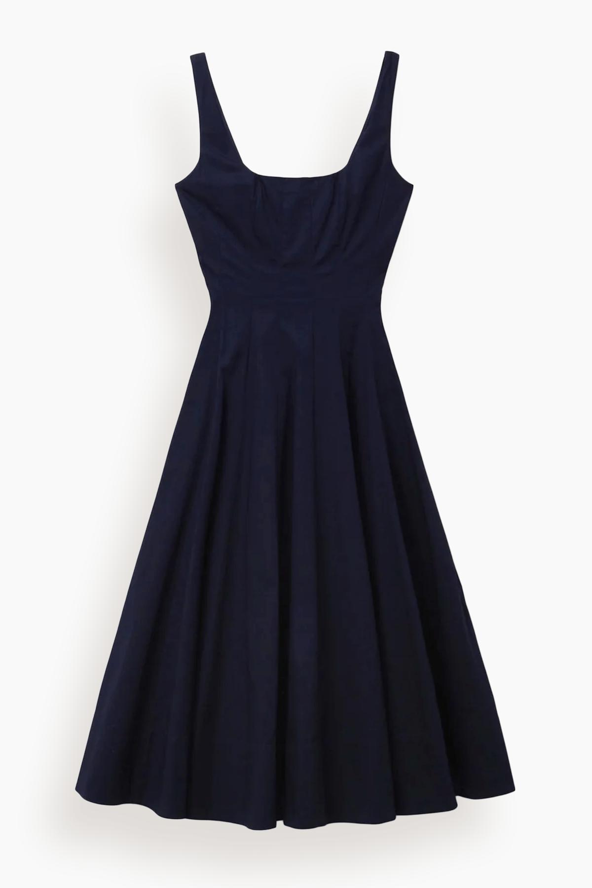 staud fit and flare dress Staud Wells Stretch Cotton Poplin Midi Fit & Flare Dress In Blue