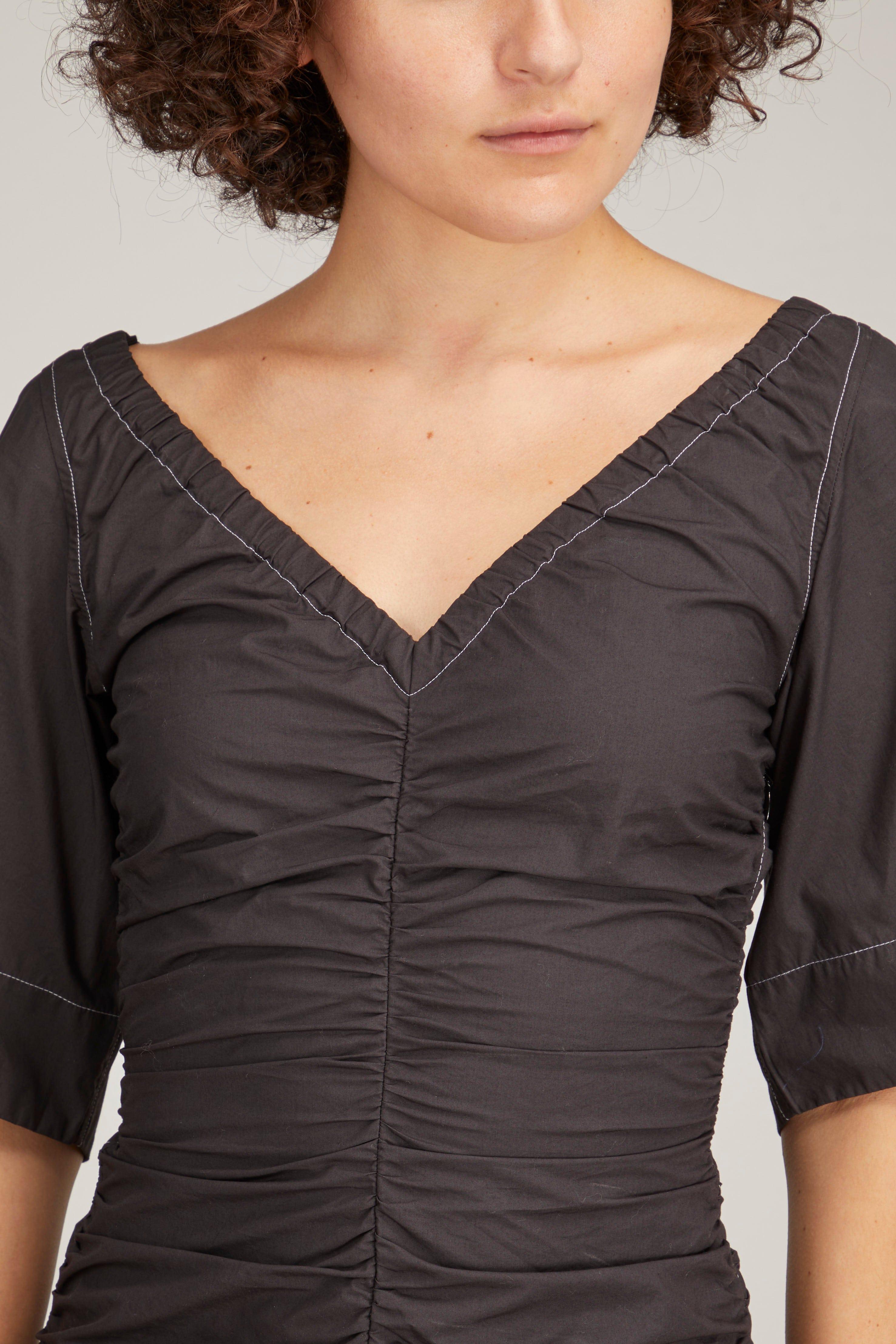 Ganni Cotton Poplin V-neck Fitted Mini Dress in Black | Lyst