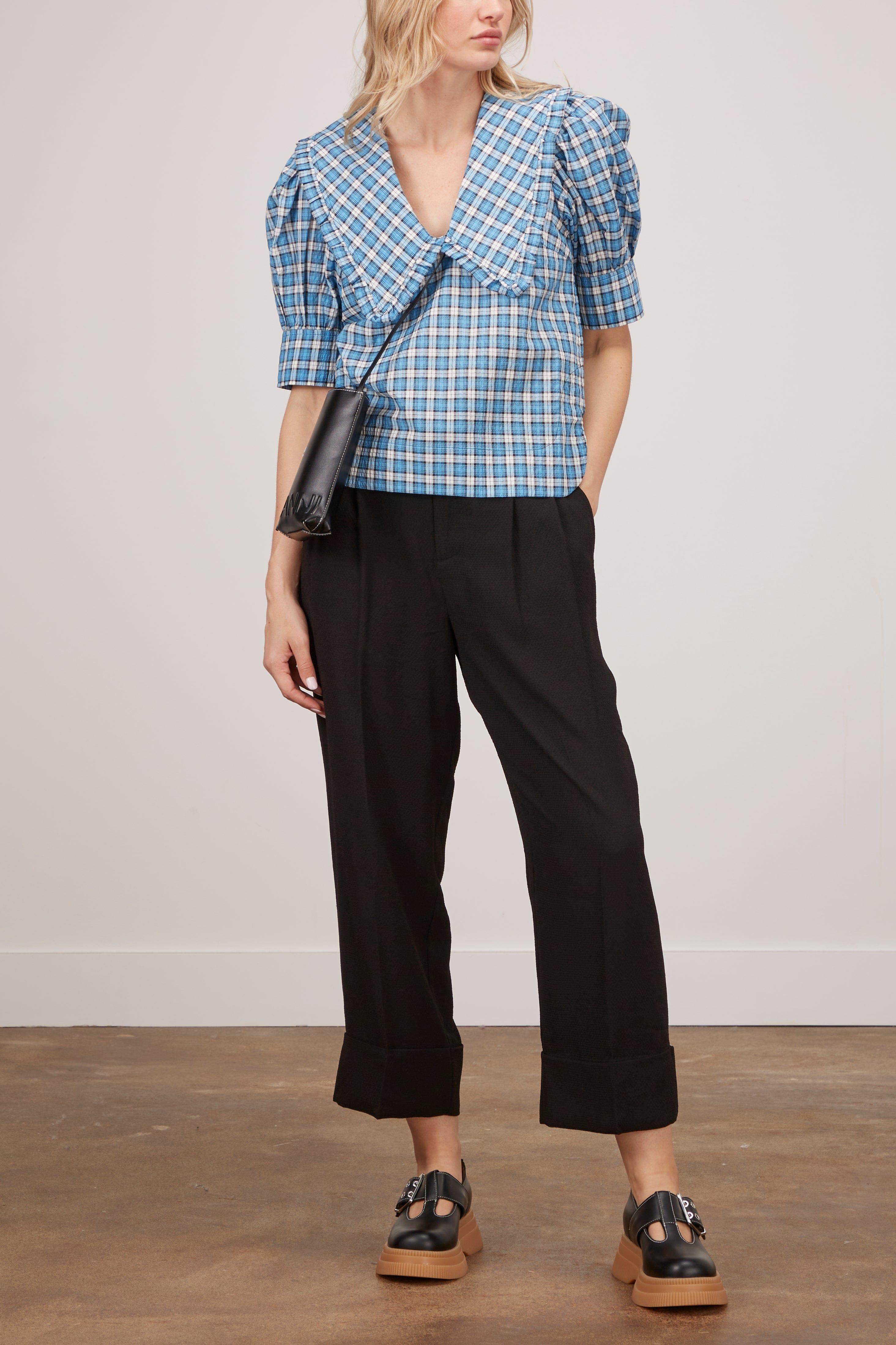 Ganni Seersucker Check V-neck Ruffle Blouse in Blue | Lyst