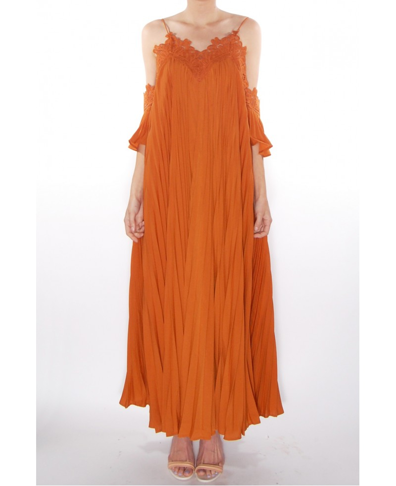 Self portrait orange off shoulder pleated chiffon dress clearance
