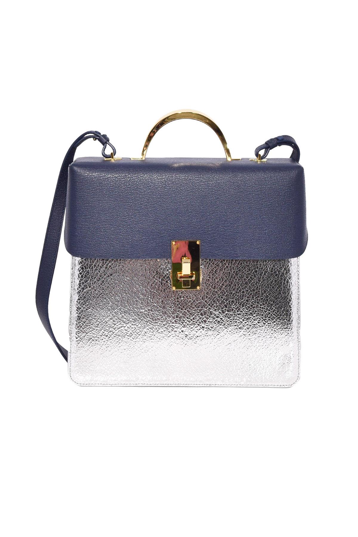 navy and silver bag
